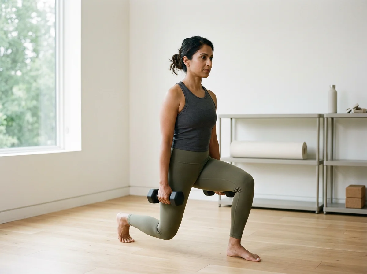 Woman doing a lunge exercise in a bright, minimal gym room, holding a dumbbell in each hand.