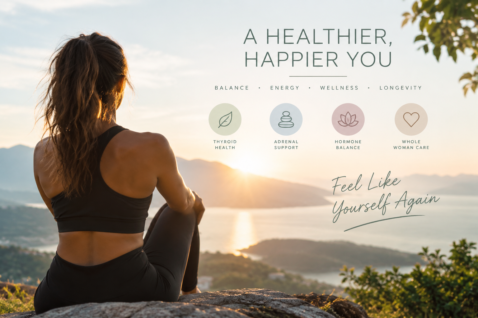 A woman is sitting outdoors on a rock, facing a scenic view of mountains, water, and the setting sun, with text promoting health and wellness benefits.