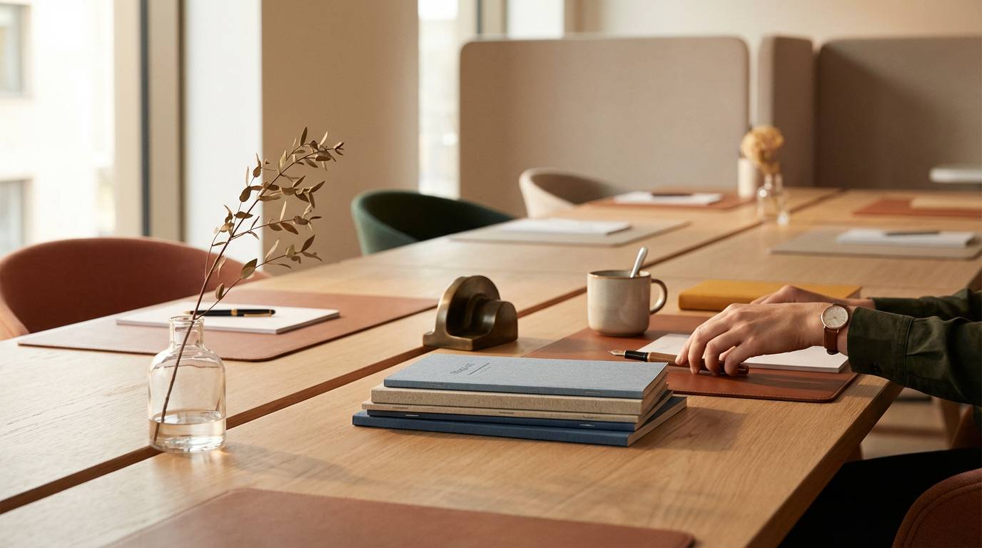 Modern office workspace with a desk, chair and plant.