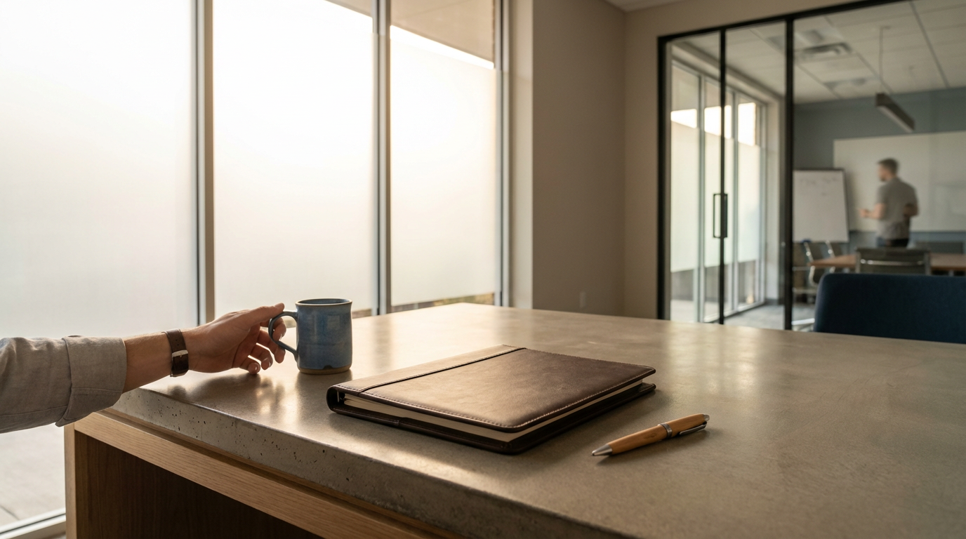 Modern office meeting table with a notebook, pen and coffee mug.