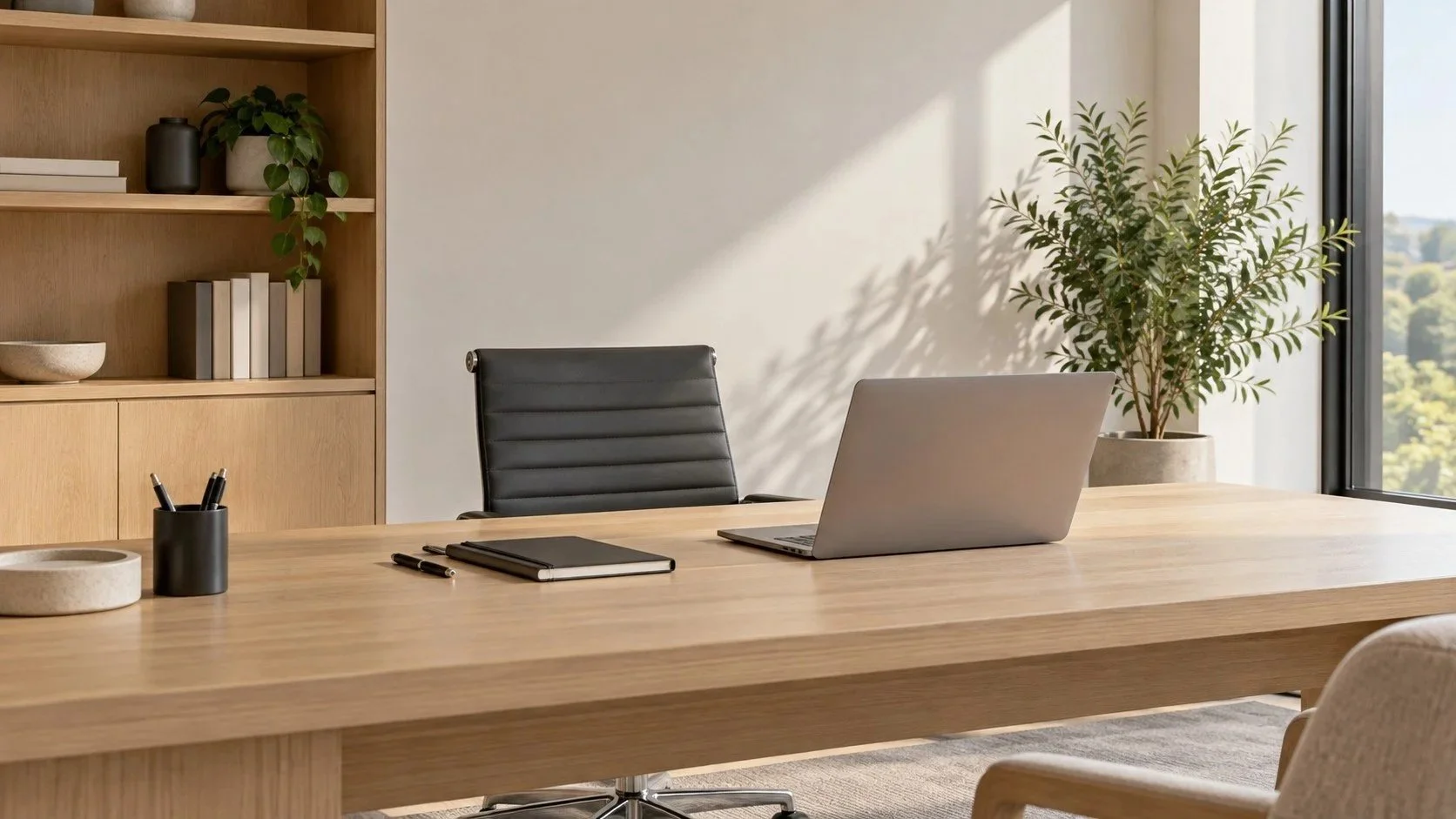 Modern accounting office with a wooden desk, laptop, notebook and indoor plants