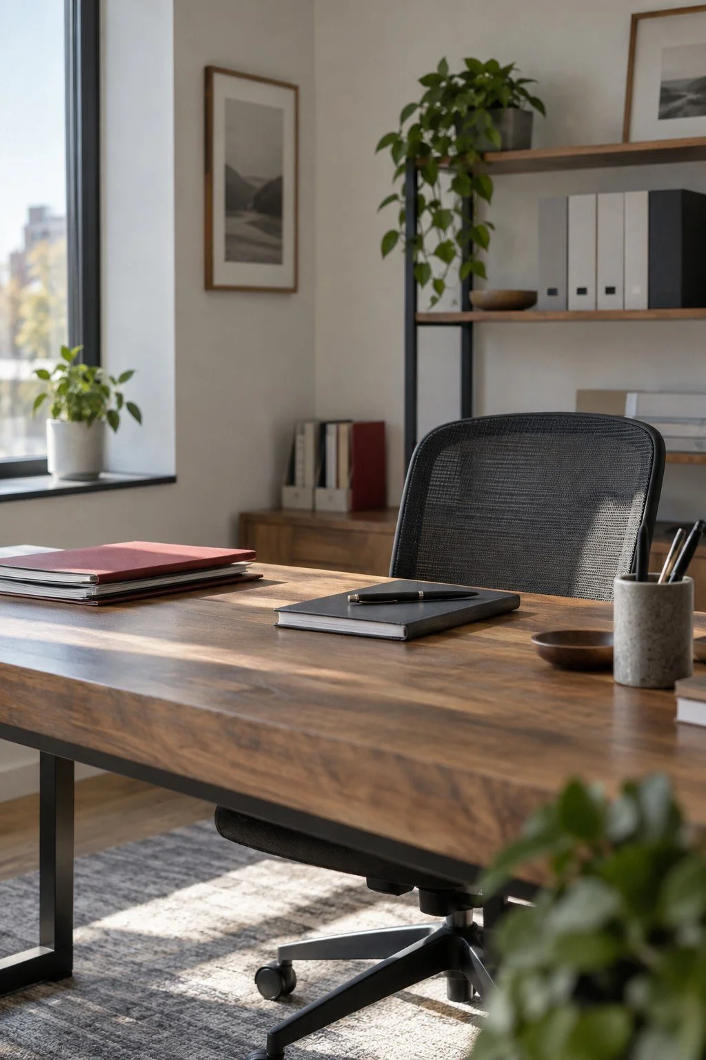 Organized office workstation with a notebook, chair and stationery holder.