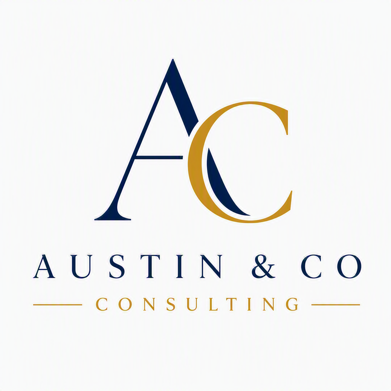 Logo for Austin & Co Consulting featuring large stylized letters 'A' and 'C' in navy blue and gold, with the company's name in navy blue text and the word 'Consulting' in gold beneath, separated by gold lines.