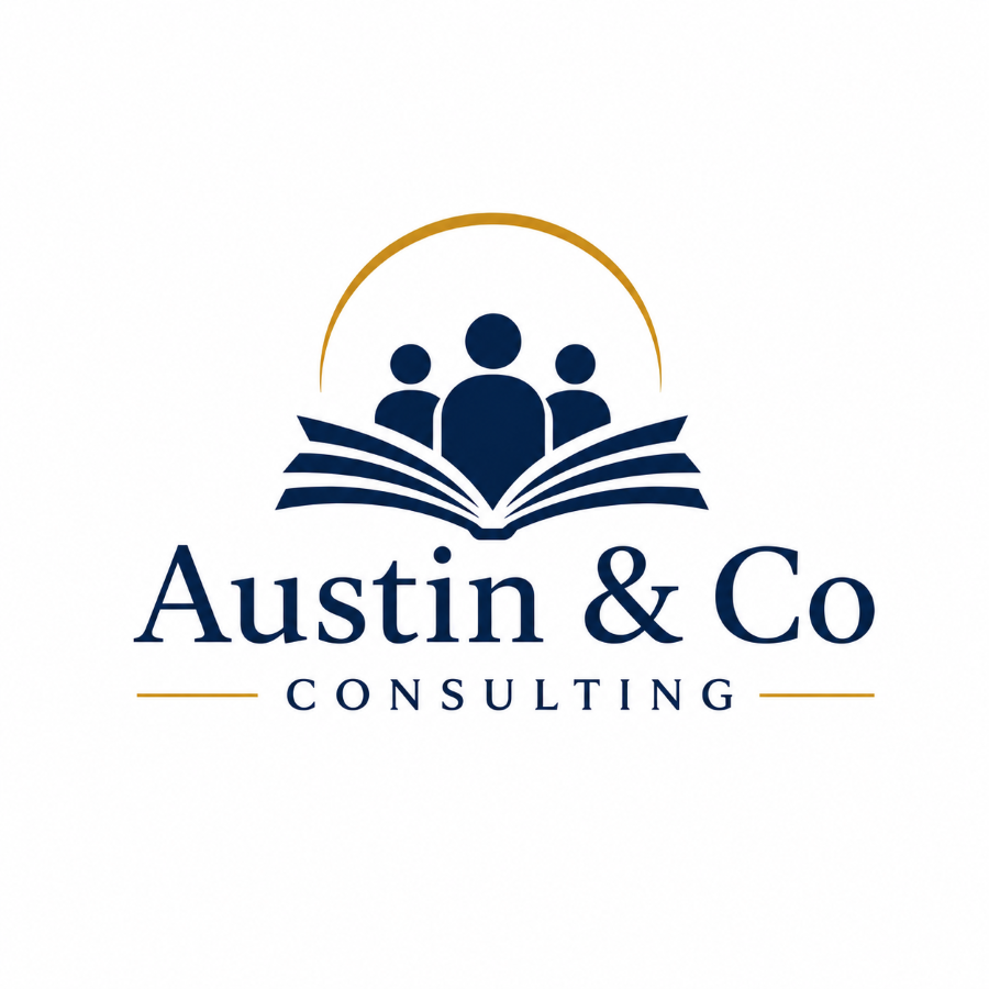 Logo for Austin & Co Consulting featuring three stylized human figures above an open book, with a half-circle above them, and the company name below.