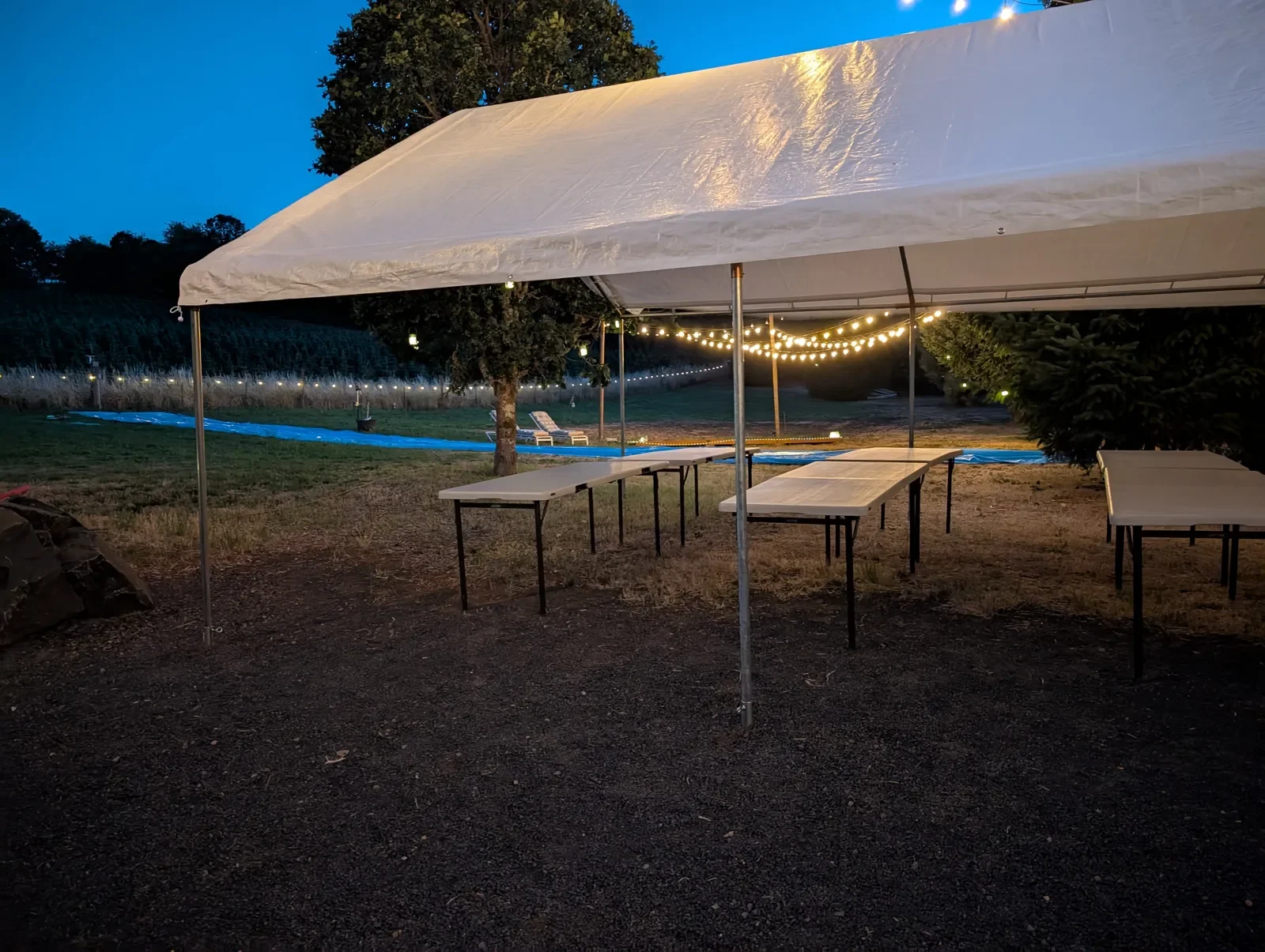 White banquet tables set up under a large canopy with string lights at dusk.
