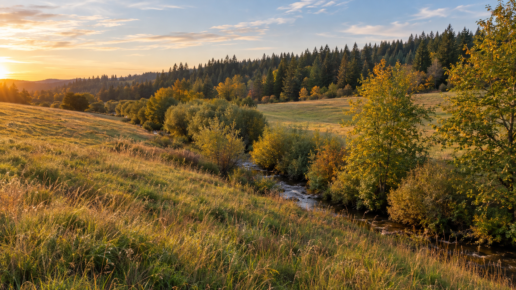 Golden hour landscape at Cloverdale Heights: creek meandering through autumn grasses and trees under Oregon sky.