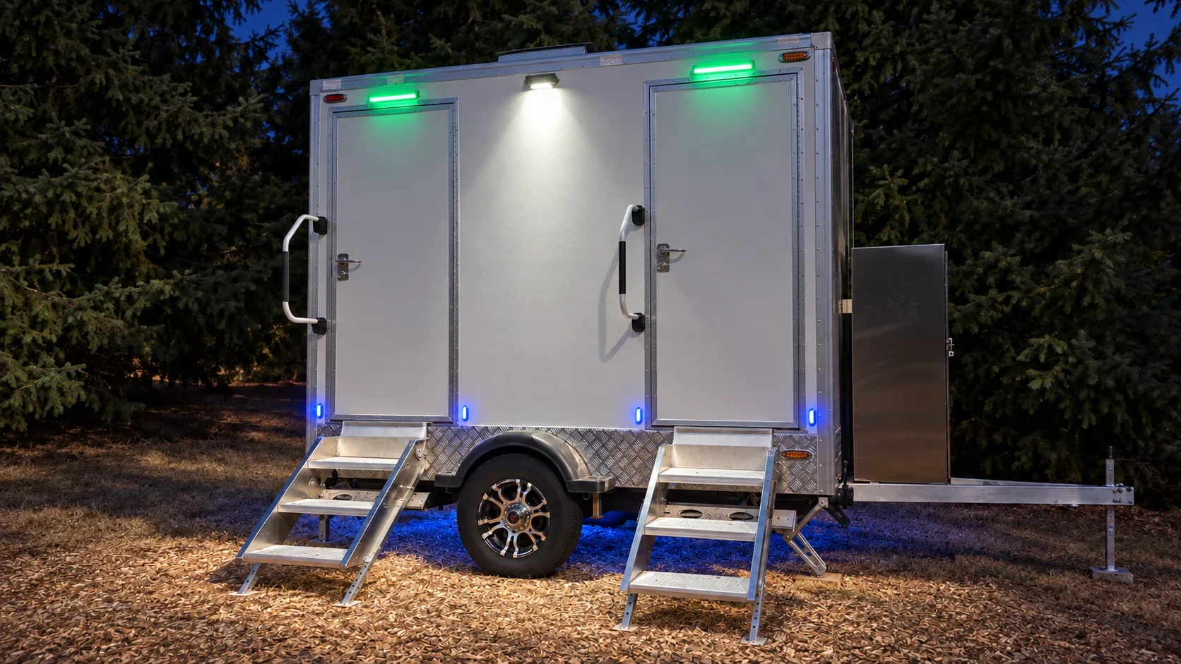 White restroom trailer at night with illuminated entrances, stairways and blue underbody lighting.