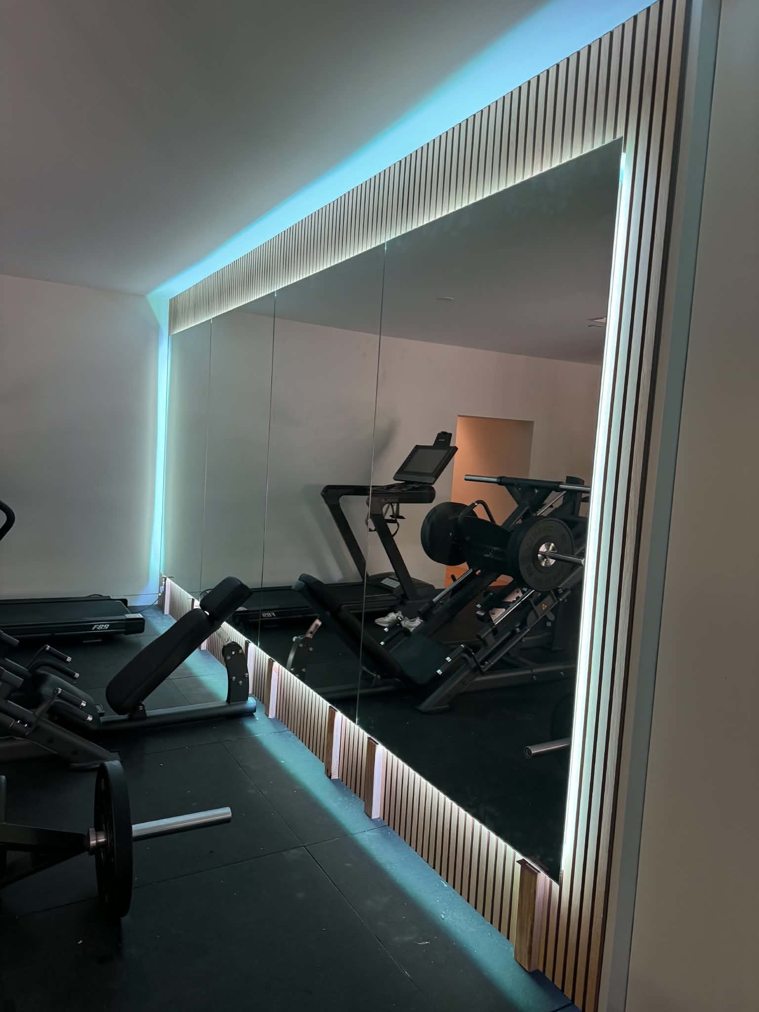 Interior of a modern gym with workout equipment and a large mirror with LED strip lighting.