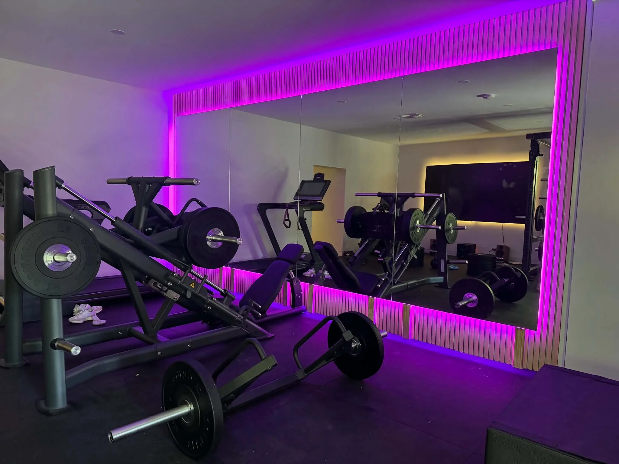 Fitness room with gym equipment, mirror with purple LED lighting, and flat-screen TV on wall.