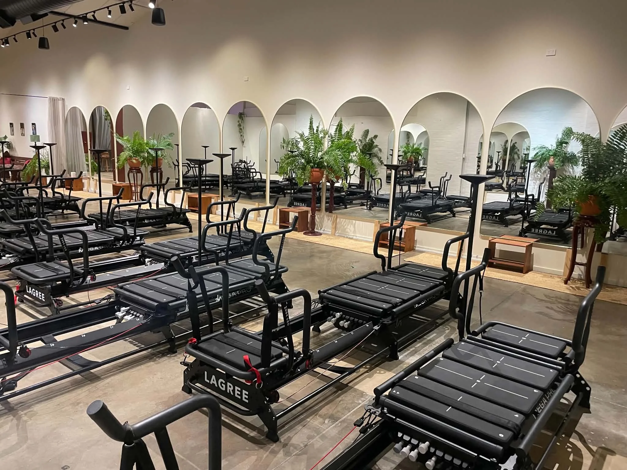 Interior view of a fitness studio with weight training machines, exercise benches, and green potted plants, separated by an arched mirror wall.