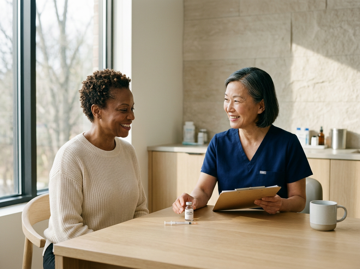 A nurse in blue scrubs handing a COVID-19 vaccine vial and syringe to a woman sitting at a table in a medical clinic.