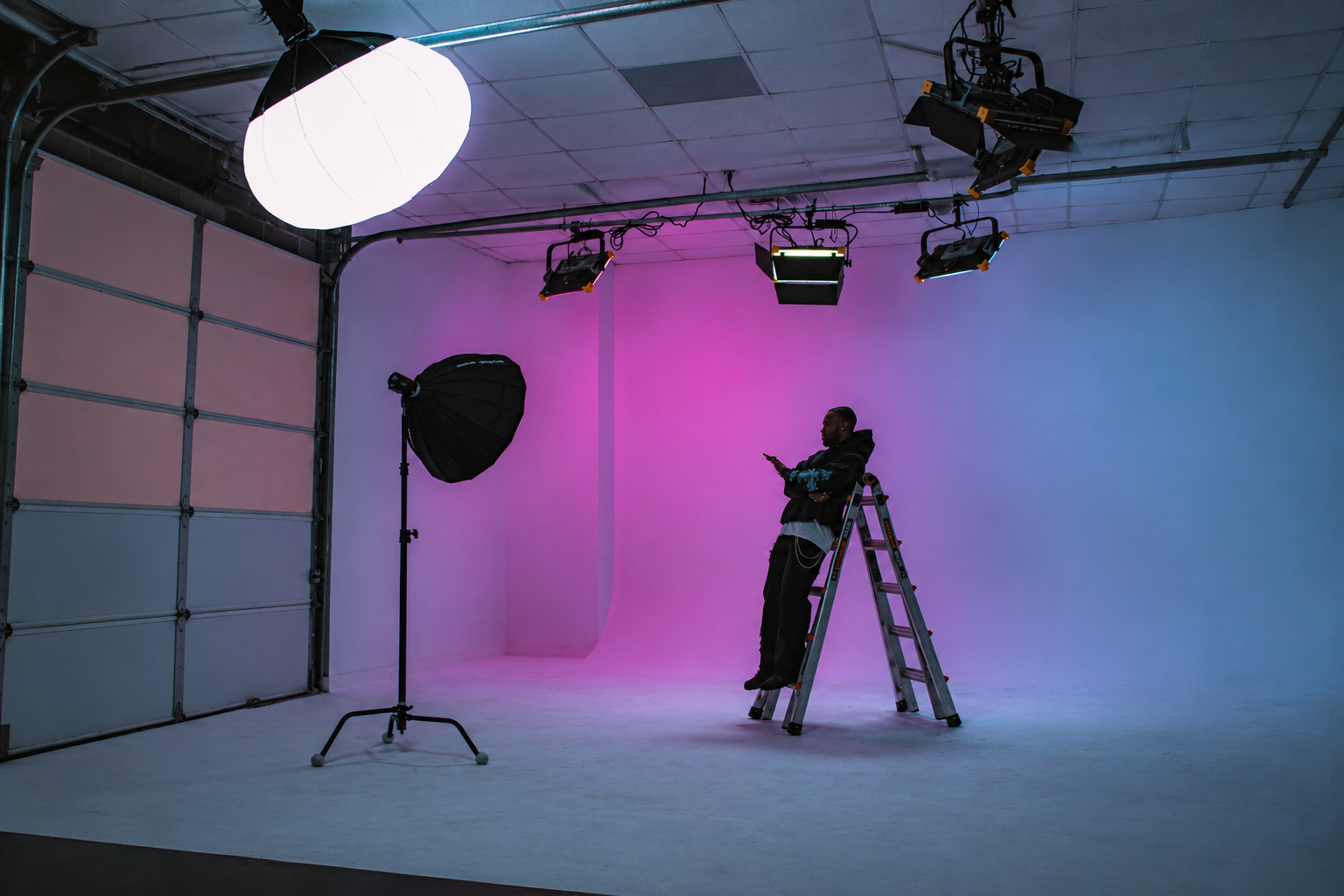 Behind the scenes studio image:
“Behind-the-scenes fashion photoshoot with Jacob Berry posing on a ladder under colorful studio lighting.”