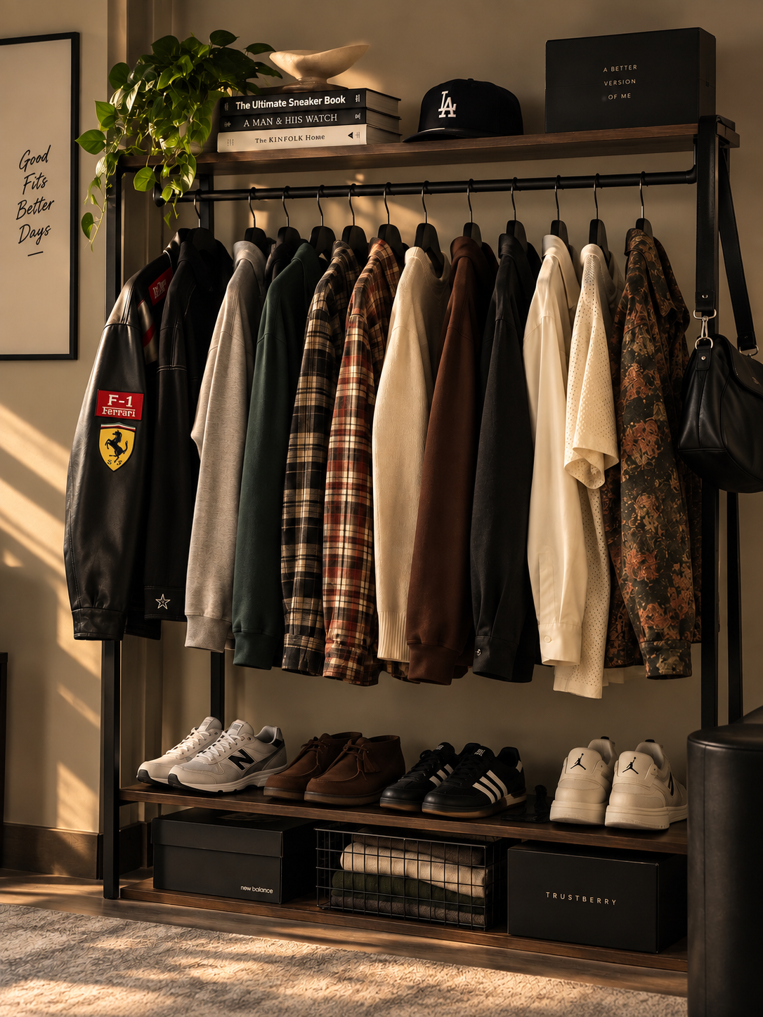 A clothing rack with various jackets and shirts, including a Ferrari leather jacket, plaid, and solid-colored sweatshirts. Shoes such as sneakers and boots are placed on the lower shelf. Items on top include books, a Los Angeles baseball cap, a decorative bowl, a black box, and a plant. A framed quote on the wall reads, 'Good Fits Better Days.'