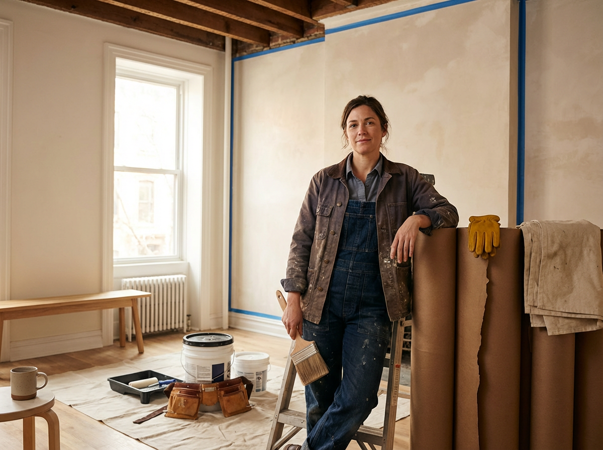 A woman standing inside a room under renovation, holding a paintbrush, with painting supplies like buckets, rollers, and a roller tray on the floor, and a roll of wallpaper or drywall in front of her.