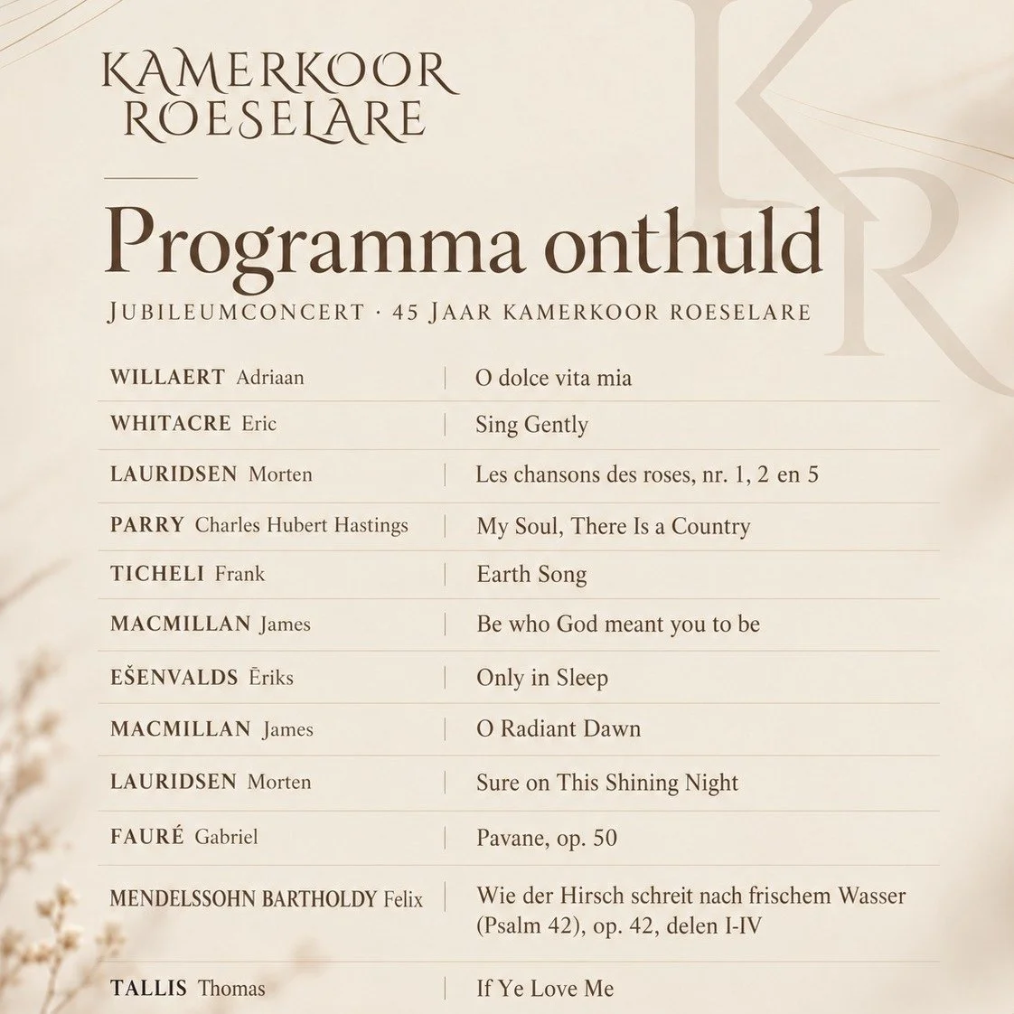 Ons programma is onthuld.
Op zondag 18 oktober vieren wij 45 jaar Kamerkoor Roeselare met muziek van Adriaan Willaert tot Eric Whitacre. Van verstilling tot krachtige koorklank, van renaissance tot hedendaagse muziek.
Kom luisteren, genieten en mee v