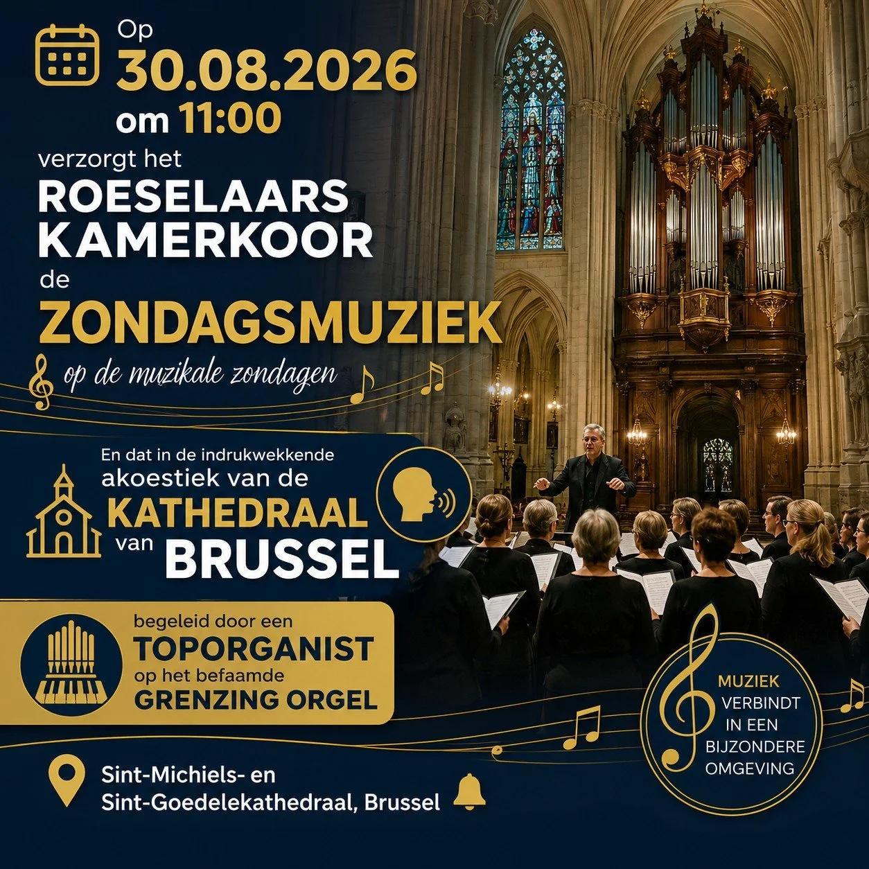 Het is zover! Morgen 📆 30.08.2026 om 11:00 verzorgt het Roeselaars Kamerkoor de ZONDAGSMUZIEK 🎼 op de muzikale zondagen 🎶.
En dat in de indrukwekkende akoestiek van de ⛪ KATHEDRAAL van BRUSSEL 🗣, begeleid door een toporganist op het befaamde Gren