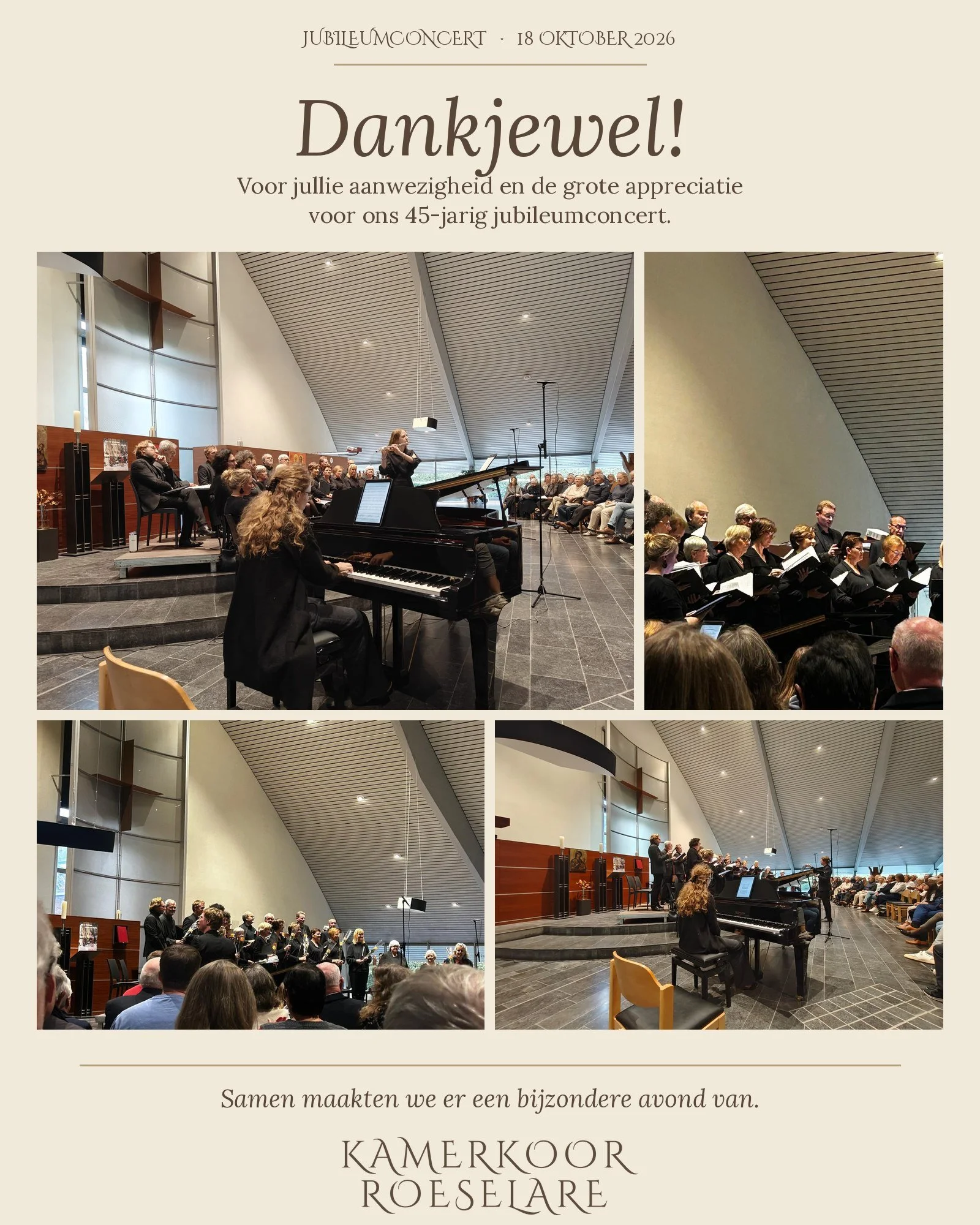 Dankjewel! 🎶

Bedankt aan iedereen die op zondag 18 oktober aanwezig was op ons 45-jarig jubileumconcert in de H. Godelievekerk in Roeselare. Jullie warme applaus, enthousiasme en grote appreciatie maakten dit concert voor ons bijzonder.

Een hartel