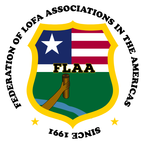 A shield-shaped emblem with a yellow border, featuring the Texas state flag and the American flag, with a hand holding a torch and the letters "FLAA" above it, and two stars at the bottom.