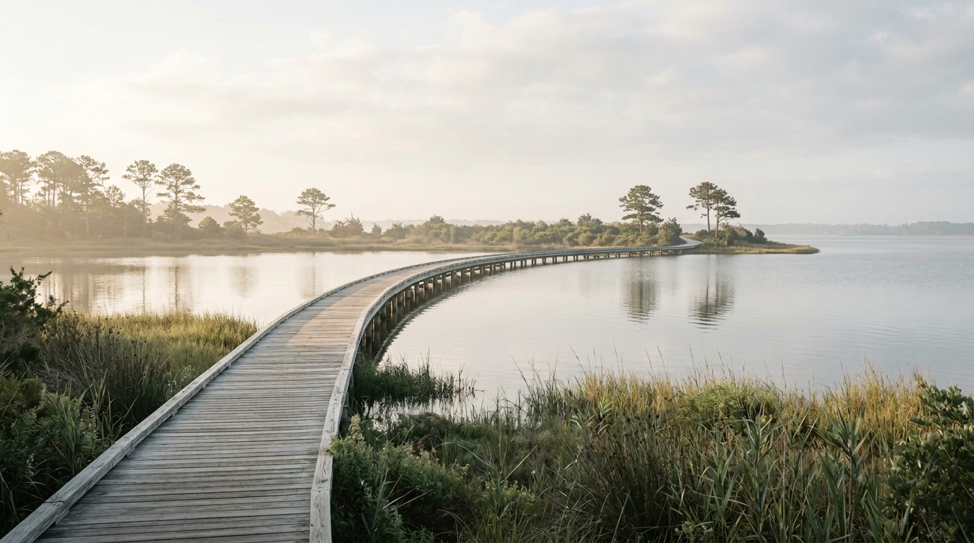 Peaceful coastal marsh boardwalk on the Outer Banks of North Carolina.