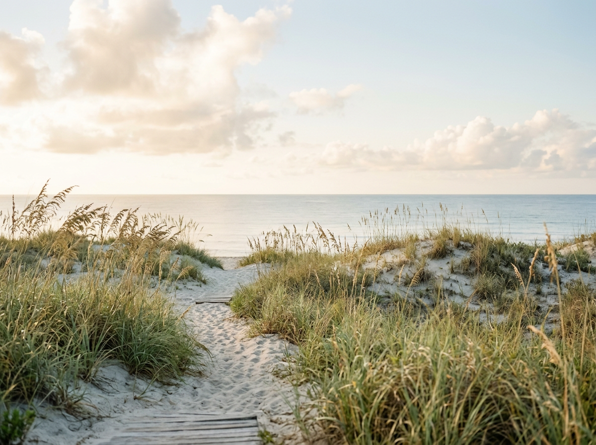 Coastal path leading to the ocean on the Outer Banks of North Carolina.