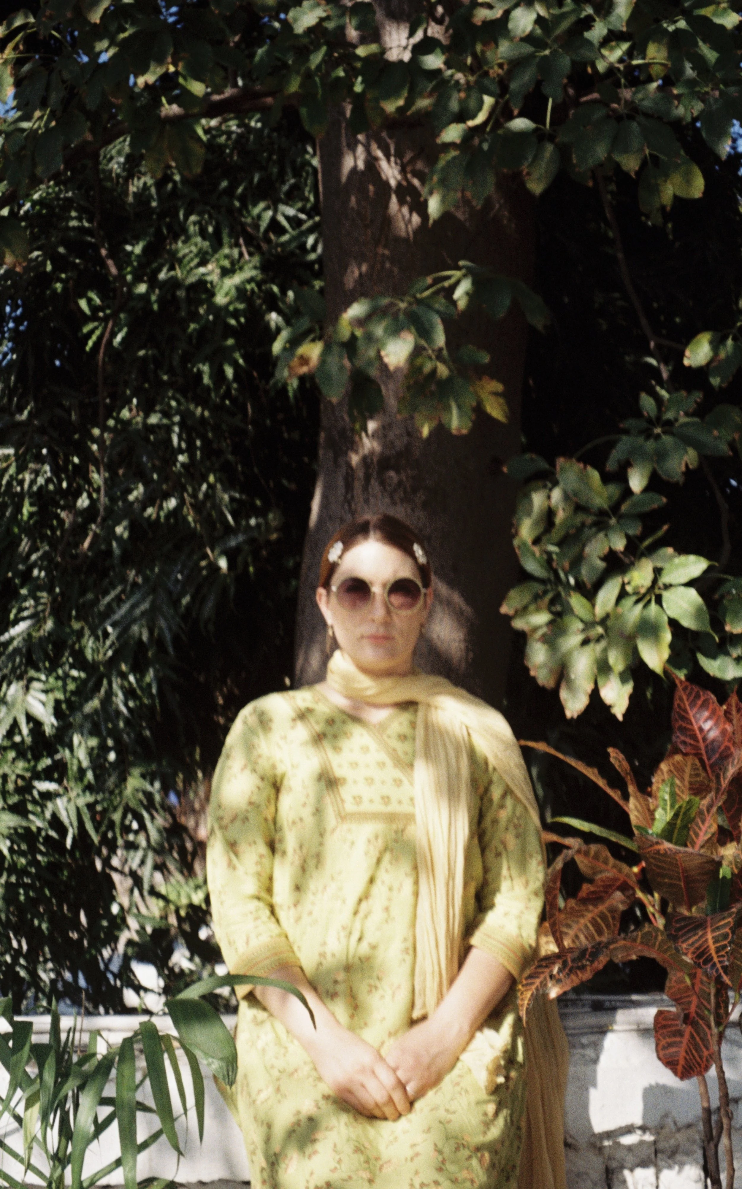 A woman with long brown hair wearing large sunglasses and a yellow traditional dress stands in front of a large tree and lush green plants. Taken by Olivia Ladesic in Delhi, India on film
