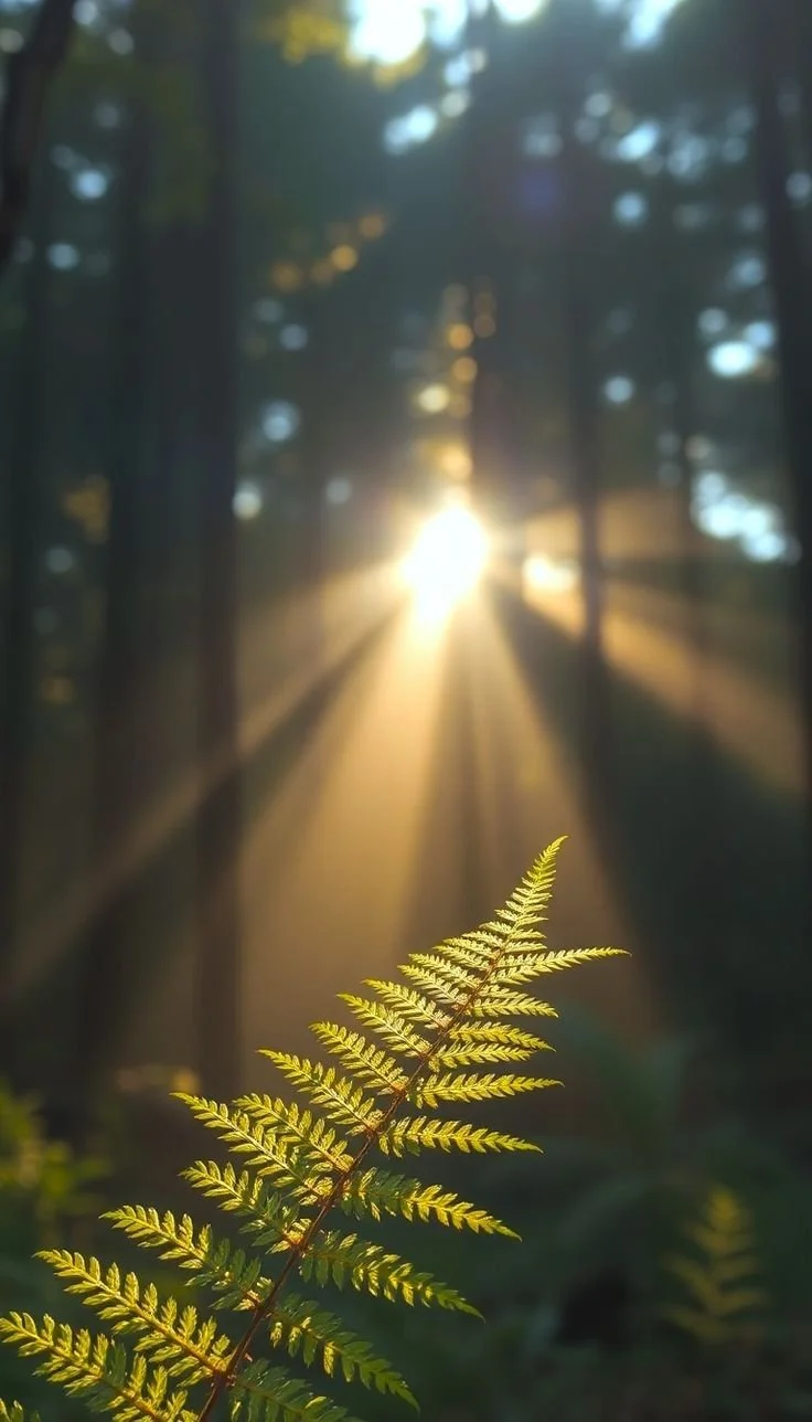 A green fern leaf in sharp focus in the foreground with sunlight shining through a forest path in the background.