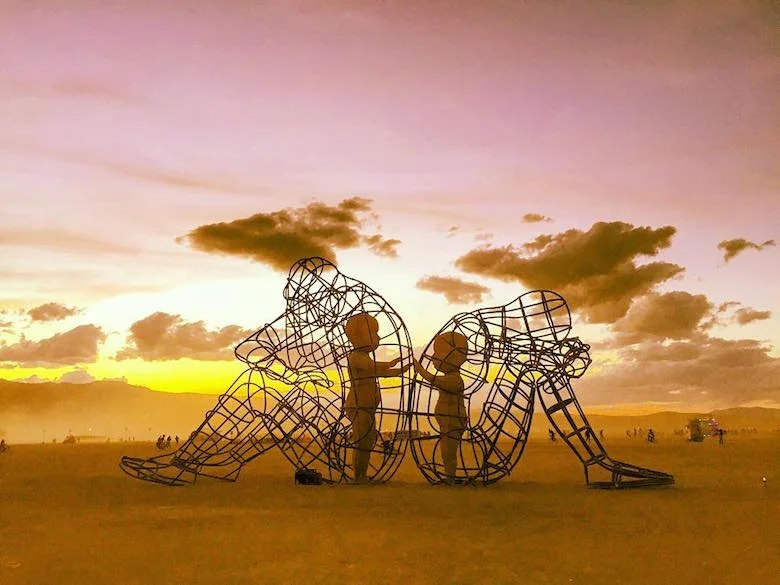 Large wire sculptures of two elephants, with children playing inside, set against a sunset sky with clouds in an open field.