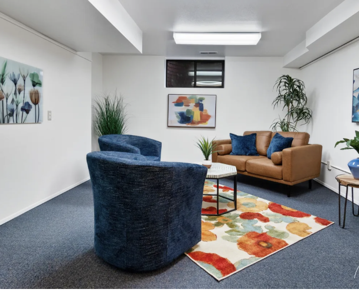 Cozy modern living room with a brown sofa, two navy blue chairs, a colorful floral rug, and abstract artwork on white walls.
