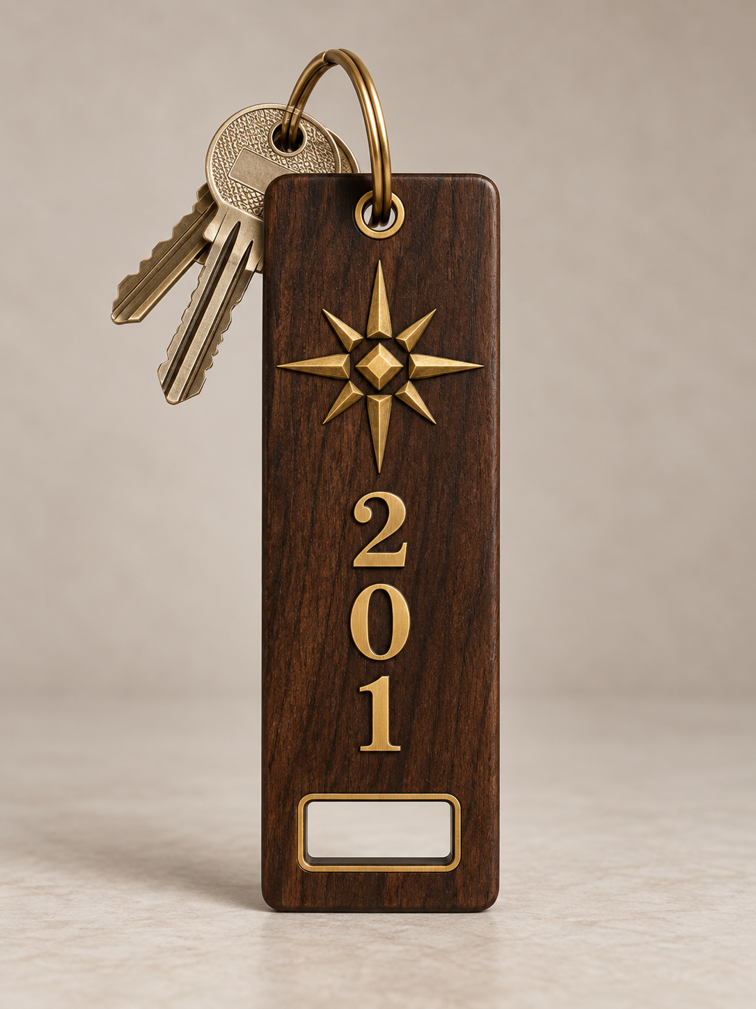 Keychain with gold keys and a wooden key tag displaying the number 201, mounted with a brass compass rose emblem.