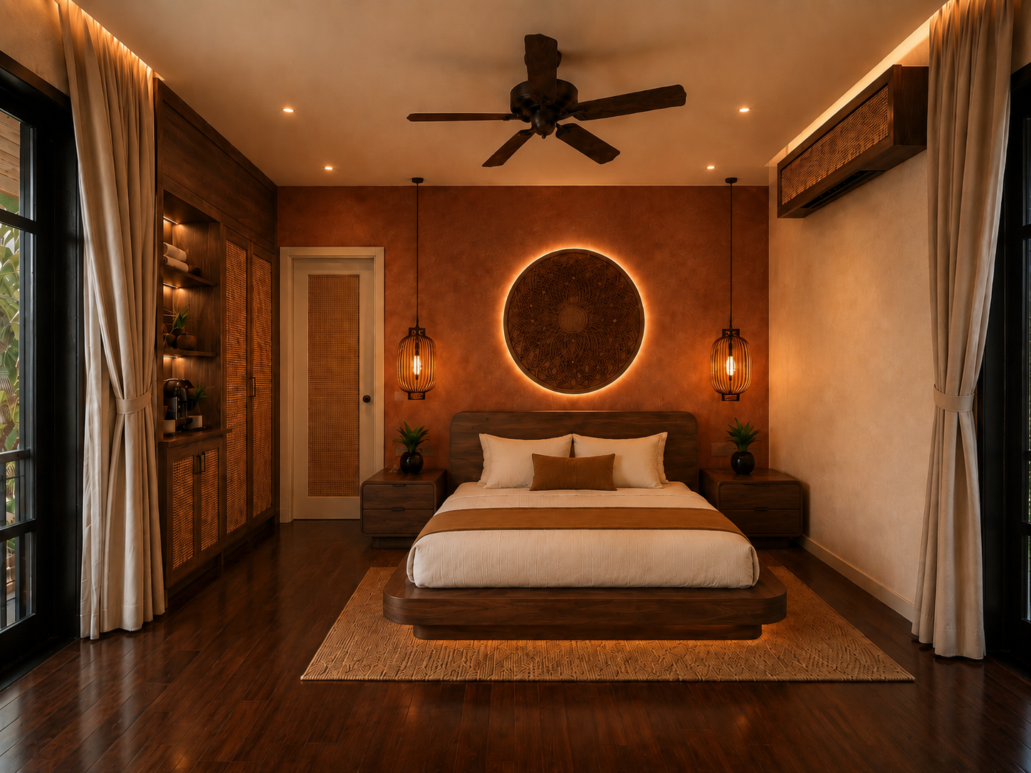 Modern bedroom with wooden furniture, beige and brown bedding, two nightstands with plants, hanging lamps, decorative wall art, curtains, and hardwood flooring.