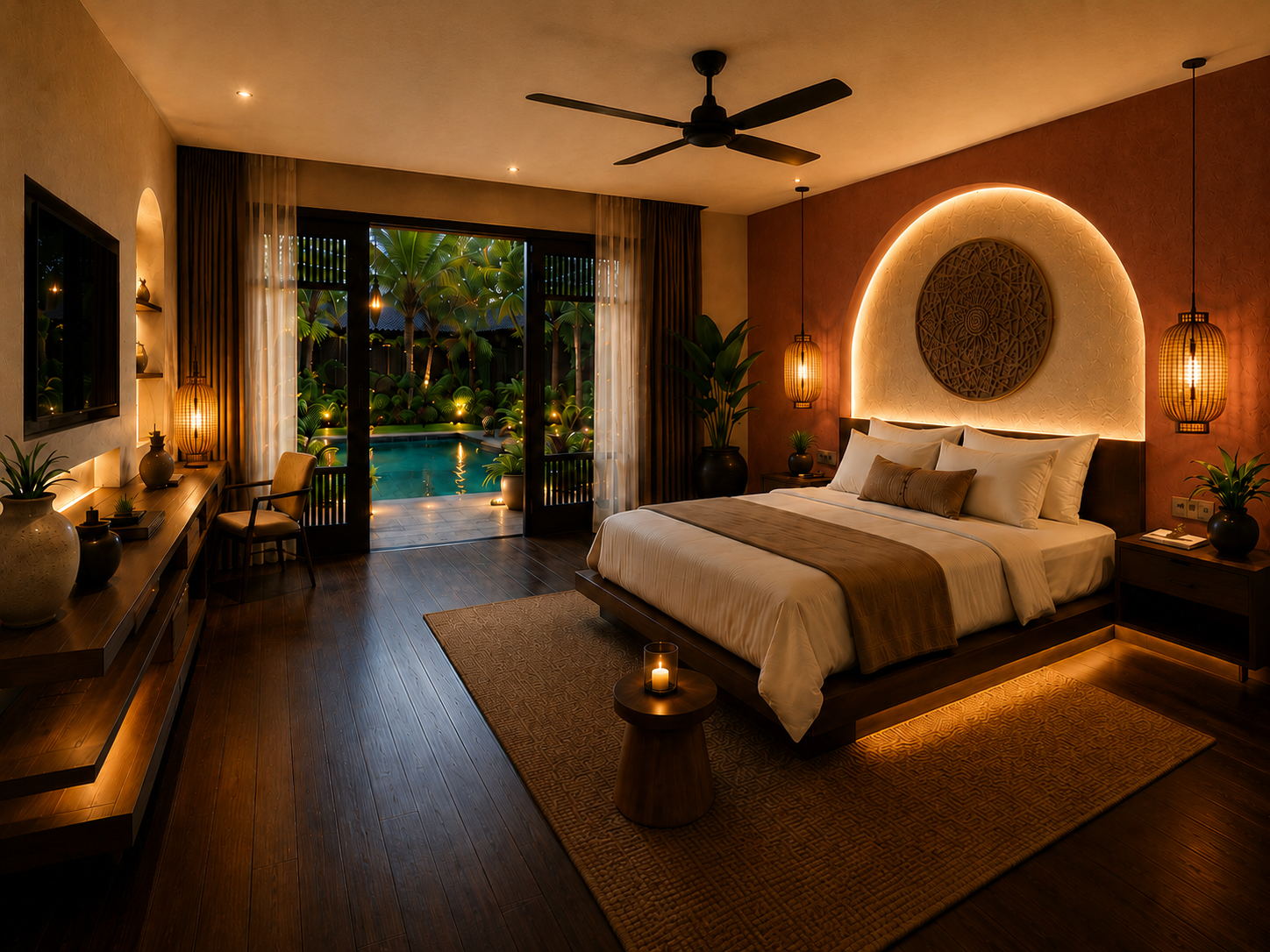 A cozy, elegantly decorated bedroom with warm lighting, a large bed with white and brown bedding, wall lamps, and a sliding glass door leading to a lush tropical outdoor area with a pool.