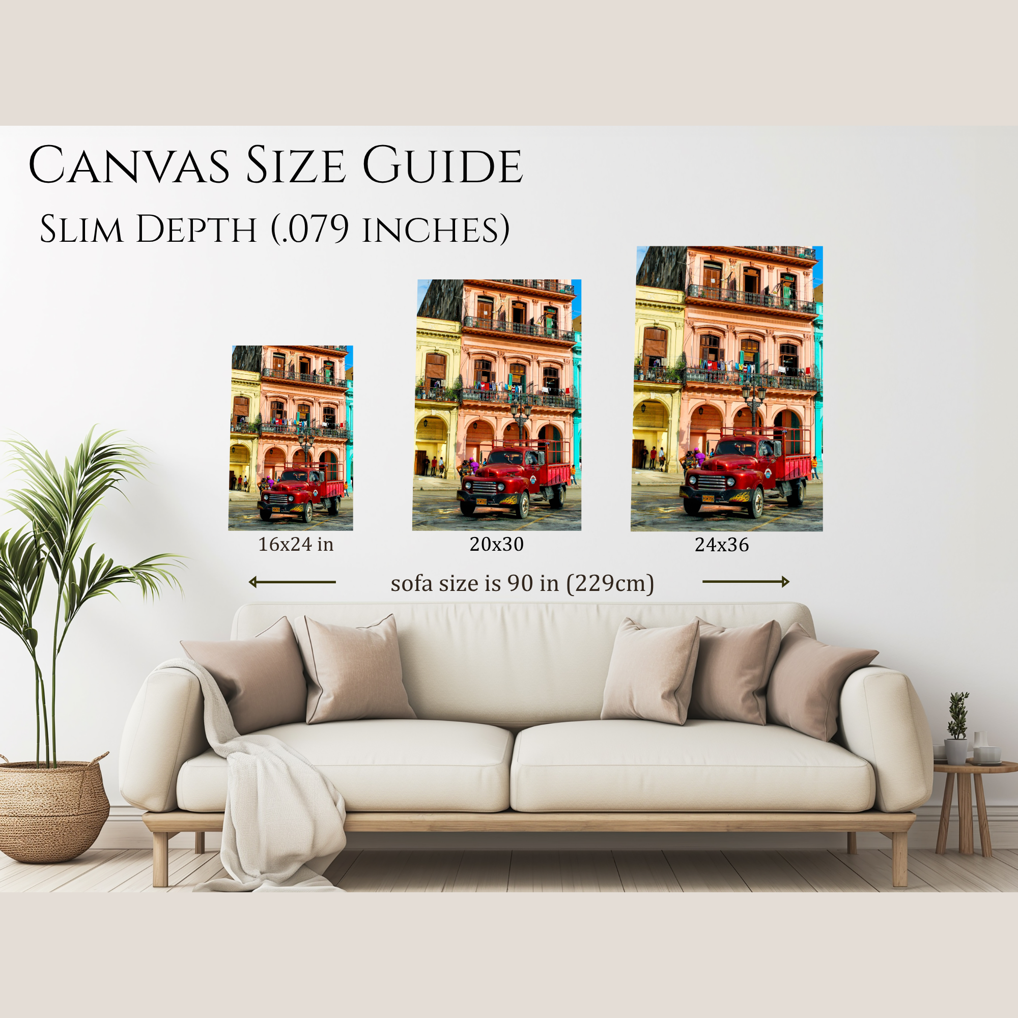 Mockup showing the different sizes available in the canvas slim depth for the Ford Truck Havana photo hanging on a wall over a couch.