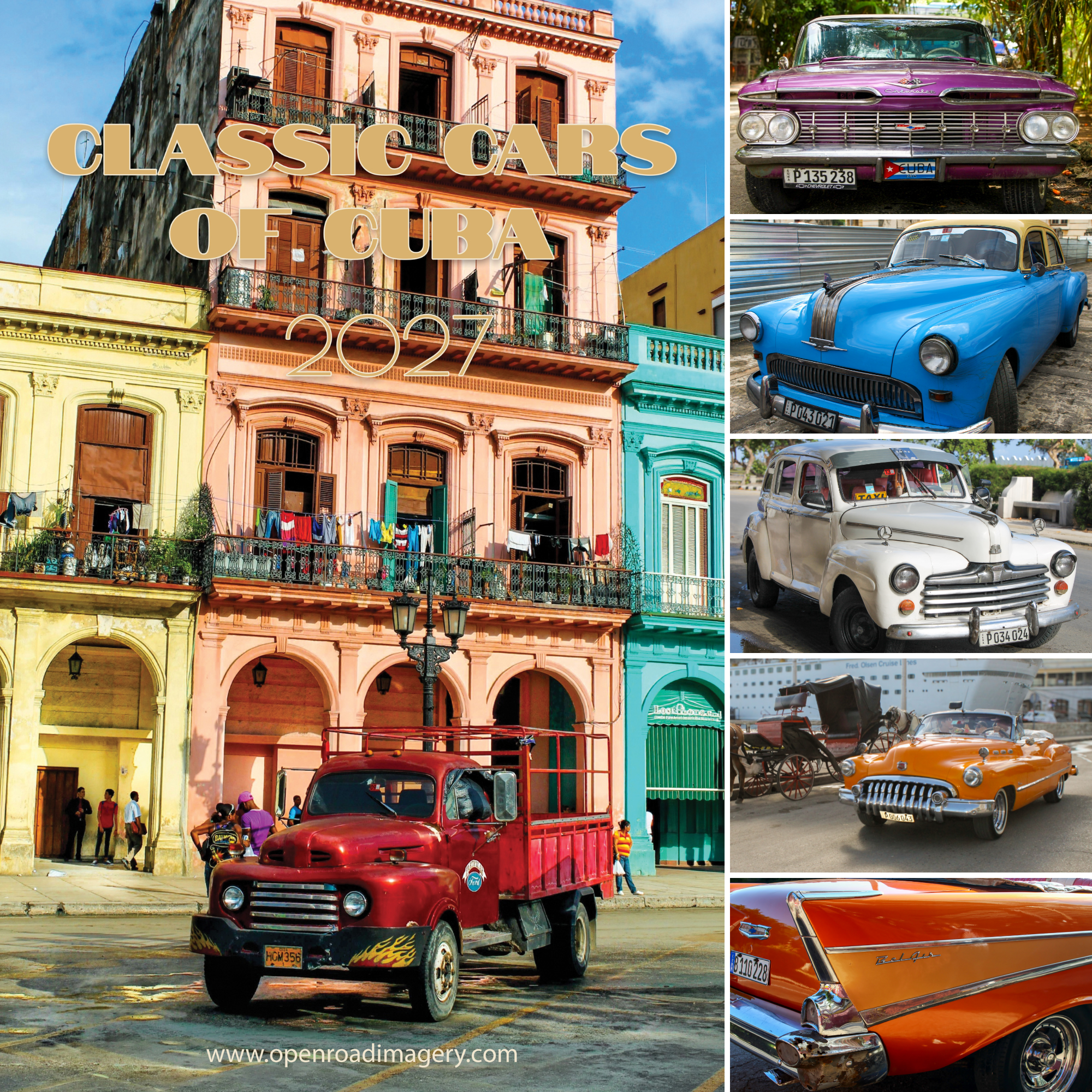 Cover of the Classic Cars of Cuba 2027 calendar, with five photos of classic cars featured in the calendar.