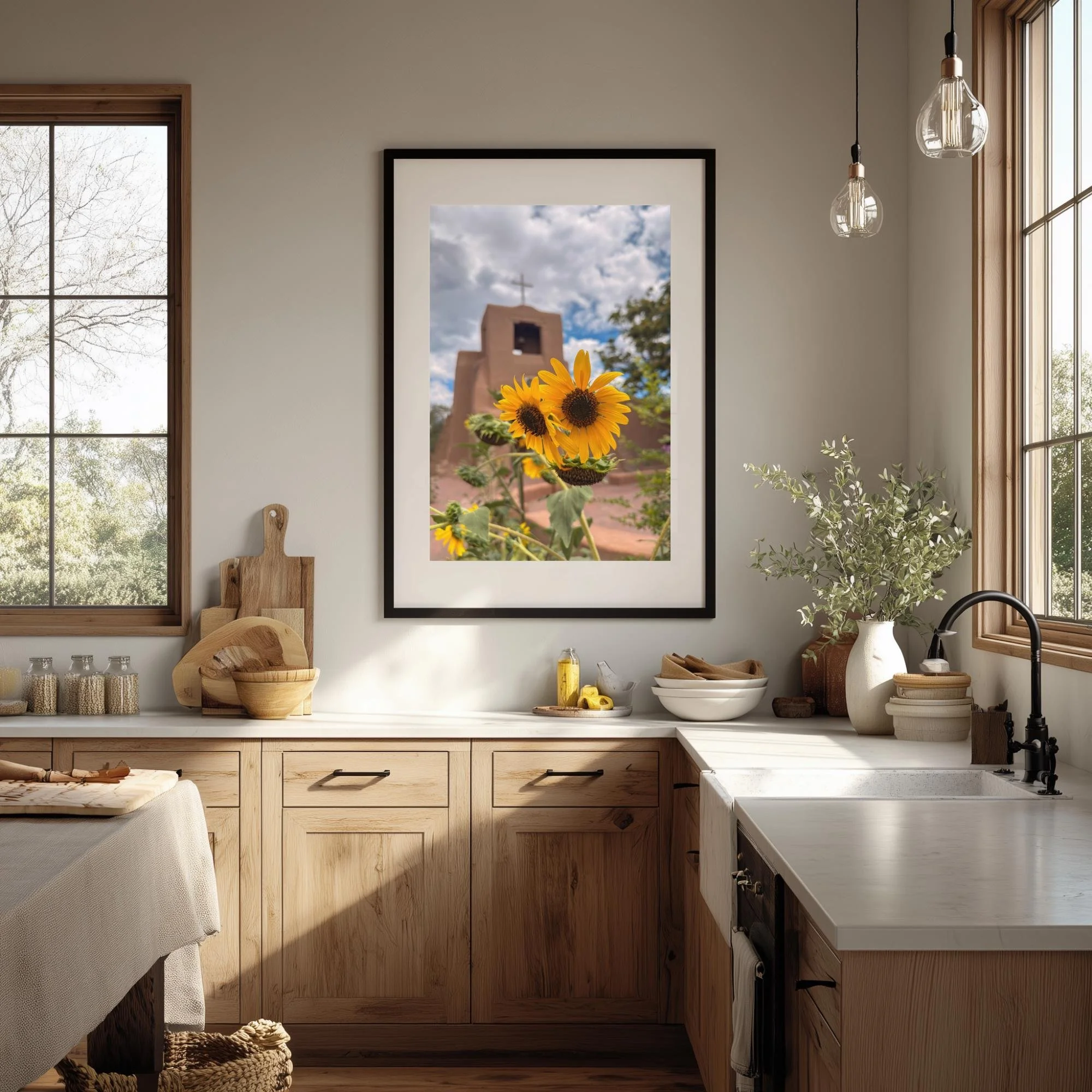 Framed, matted print of a photo of bright sunflowers in front of San Miguel Chapel in Santa Fe, New Mexico. Photo hangs in a kitchen.