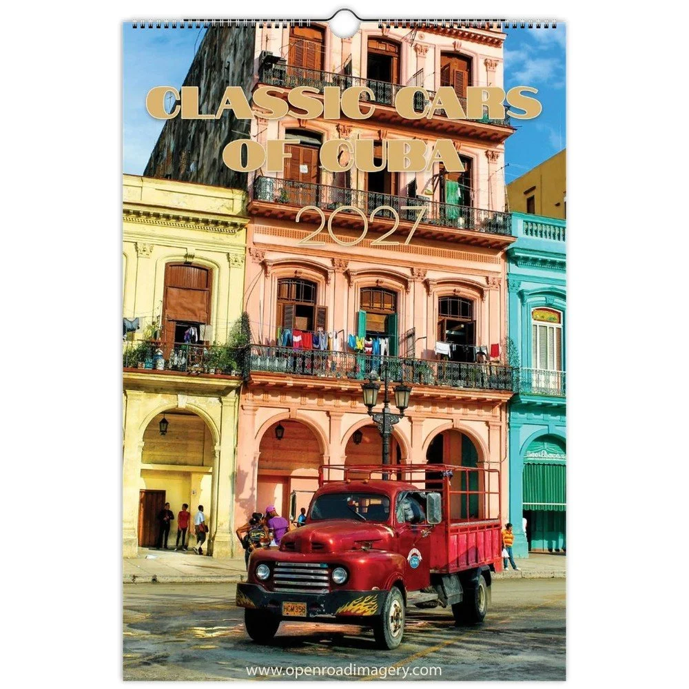 Classic Cars of Cuba 2027 calendar. Cover features a colorful Havana street with a 1950s red truck.