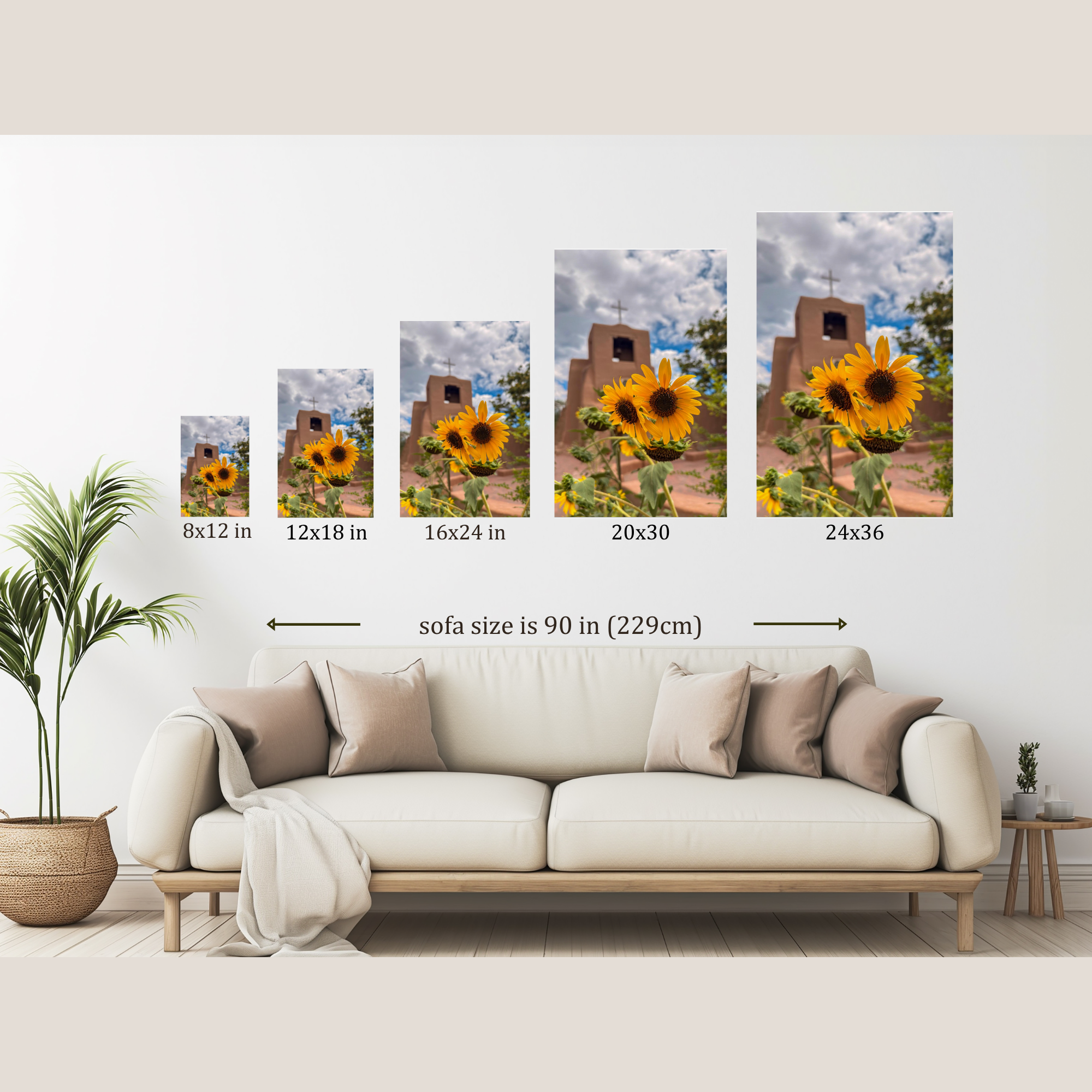 Mockup showing the different sizes available for sunflowers in front of San Miguel chapel photo hanging on a wall over a couch.