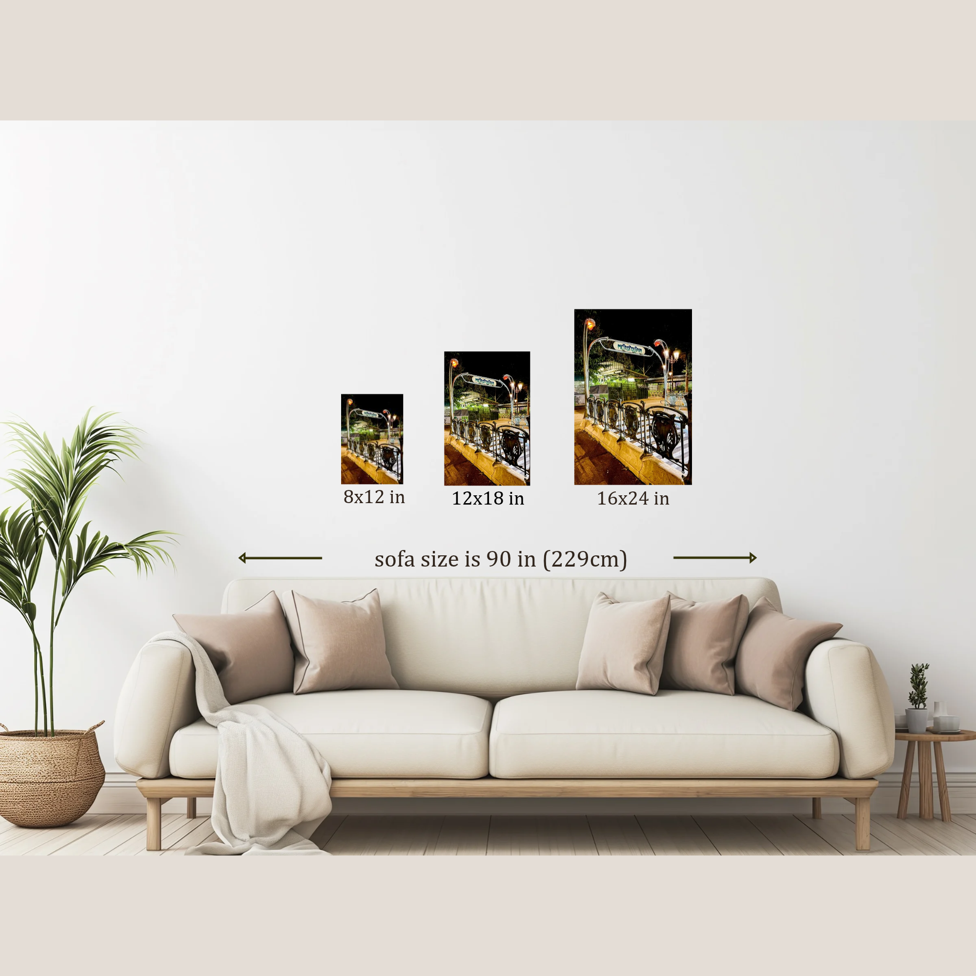 Mockup showing the different sizes available for art deco Paris Metro photo hanging on a wall over a couch.