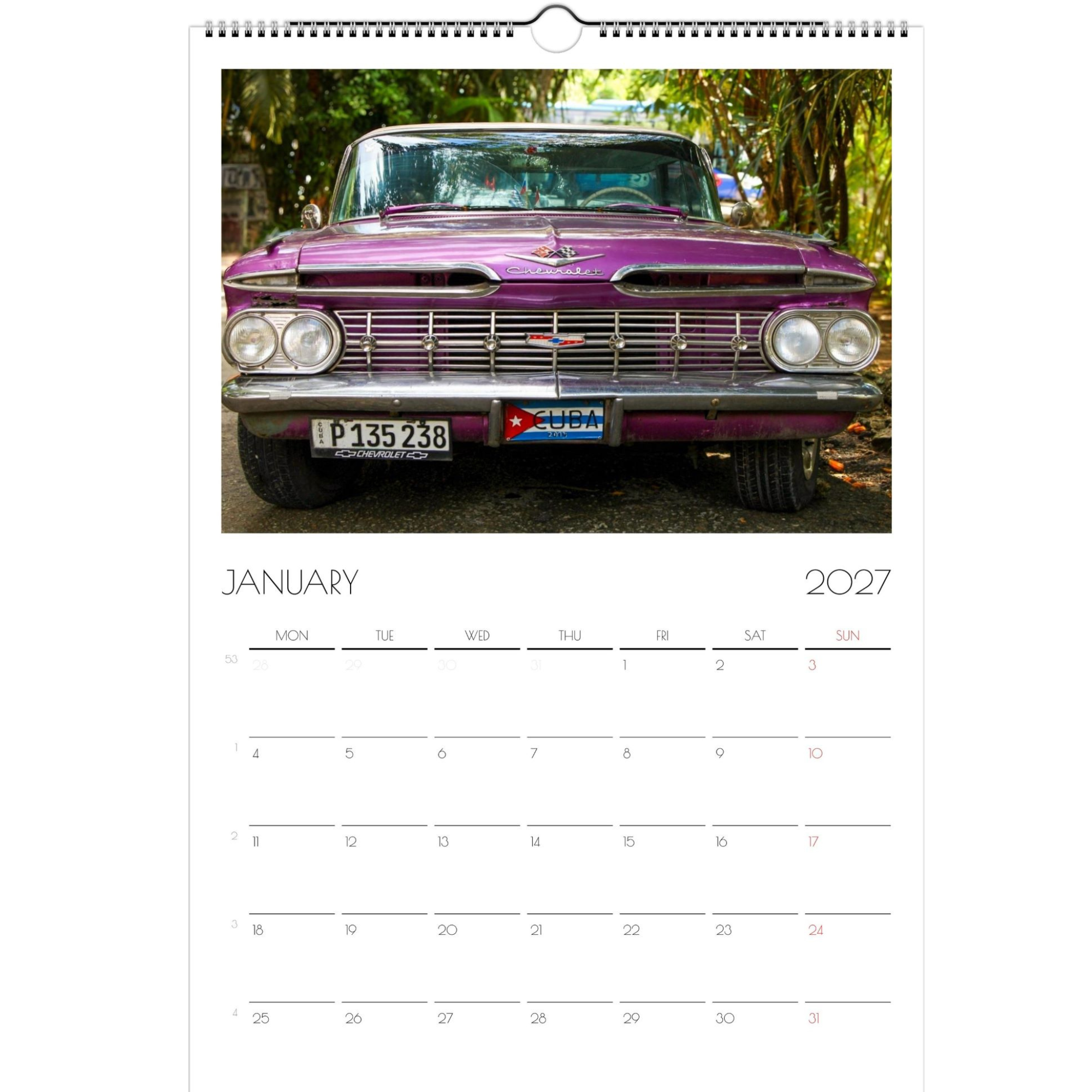 January page of the Classic Cars of Cuba calendar for 2027. The image features a front view of a purple Chevrolet, ca. 1960s.