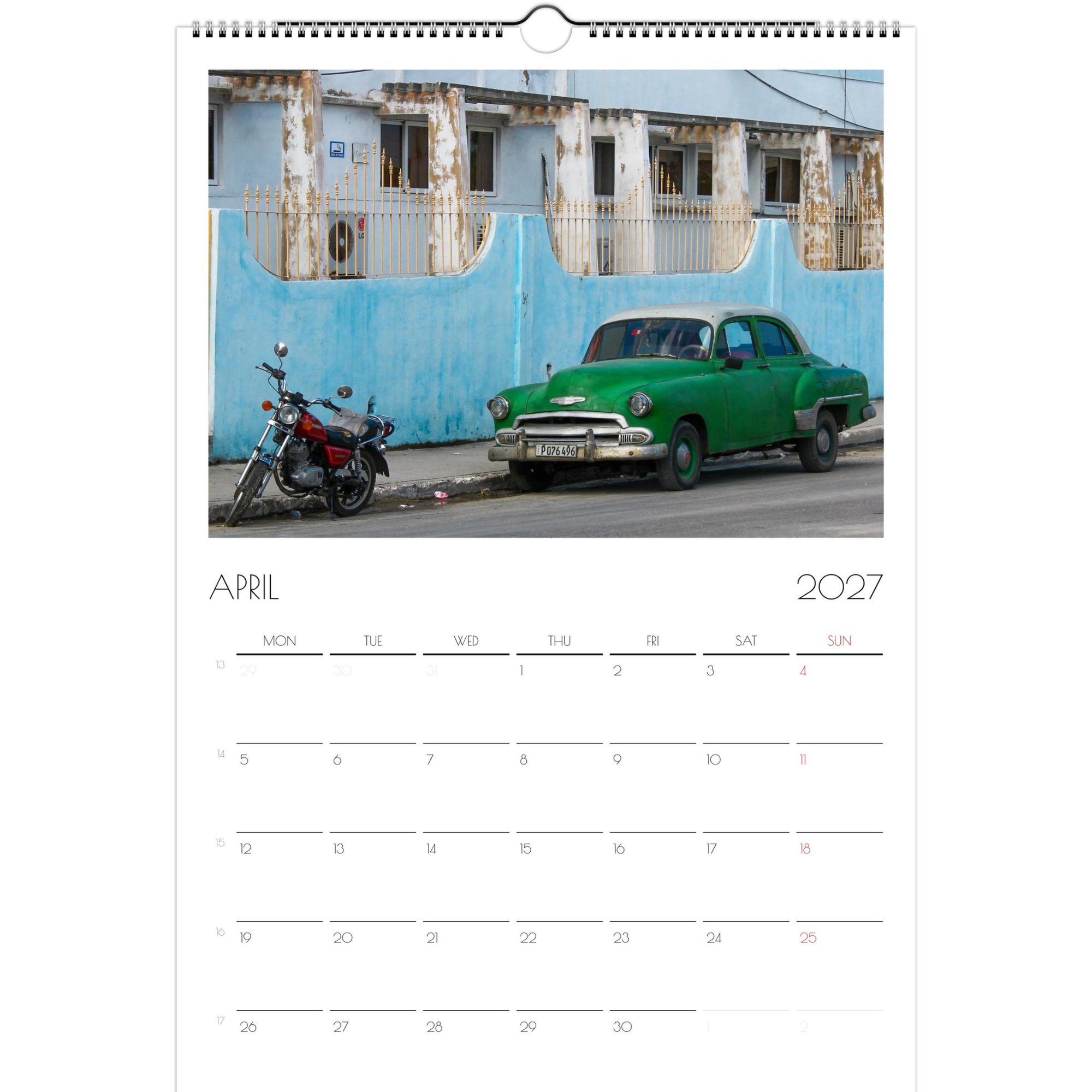 April page of the Classic Cars of Cuba 2027 calendar. The page features a bright green classic car from the 1950s, parked on a Cuban street with a light blue wall.