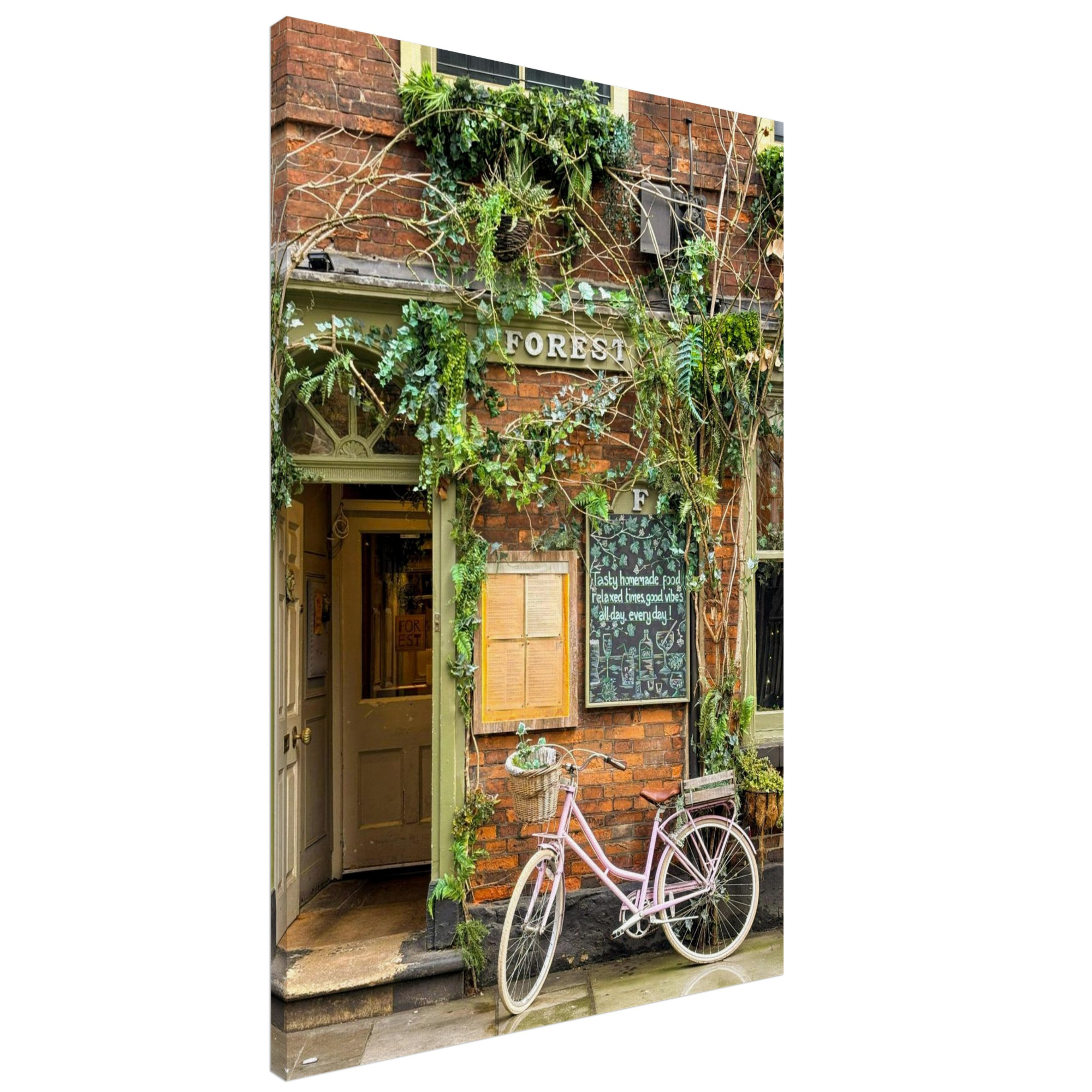 Canvas print of front of restaurant in York, England. The old brick shopfront is covered in trailing vine. A pink cruiser bike leans against the wall and a restaurant chalkboard hangs on the wall.