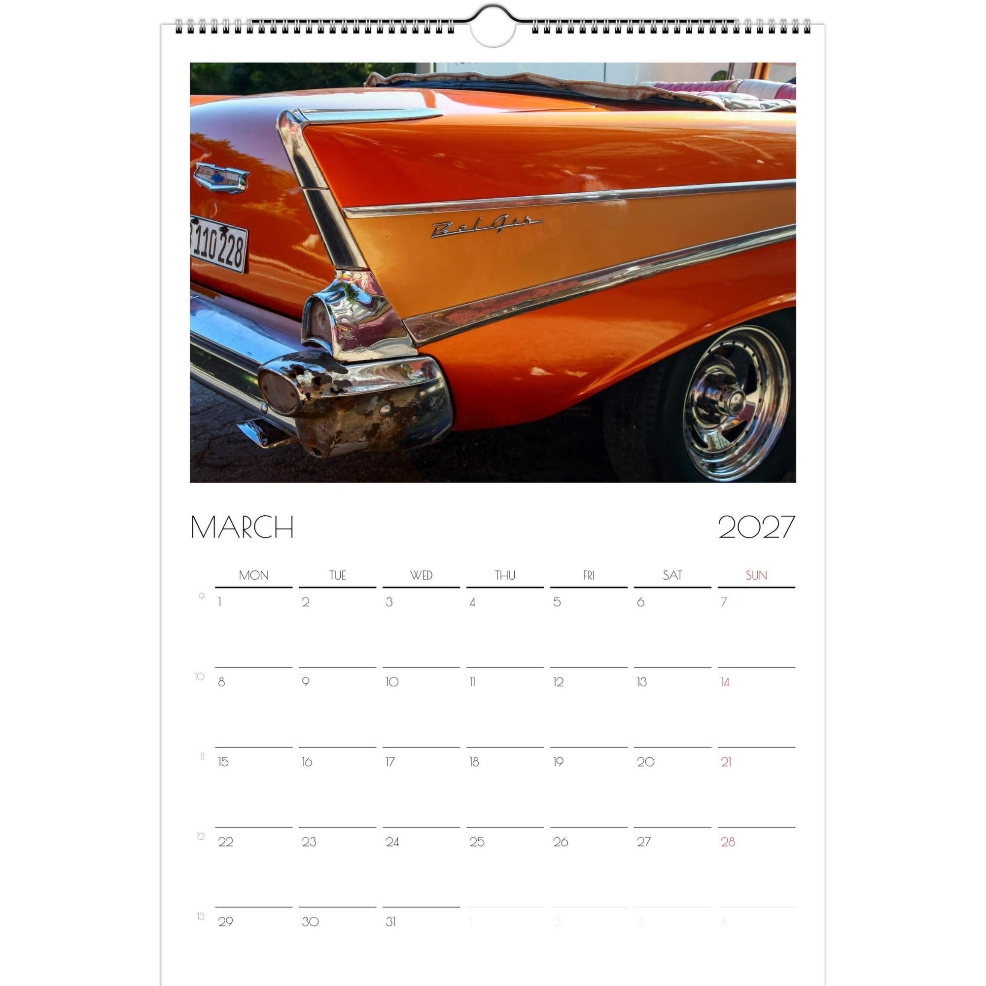 March page from the Classic Cars of Cuba 2027 calendar. The page features the tailfin of a copper-colored 1957 Chevrolet BelAir.