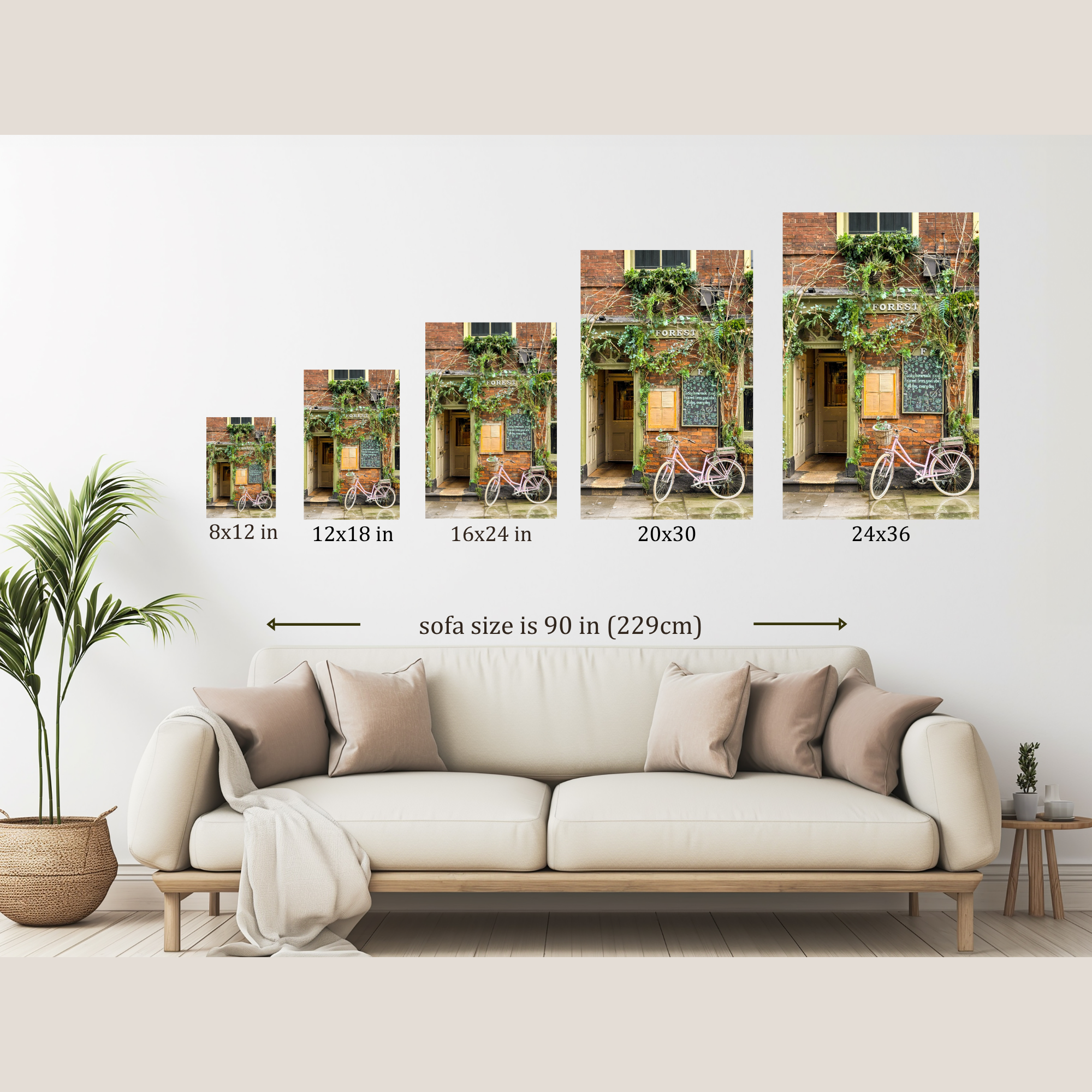 Mockup showing the different sizes available for York, England photo hanging on a wall over a couch.