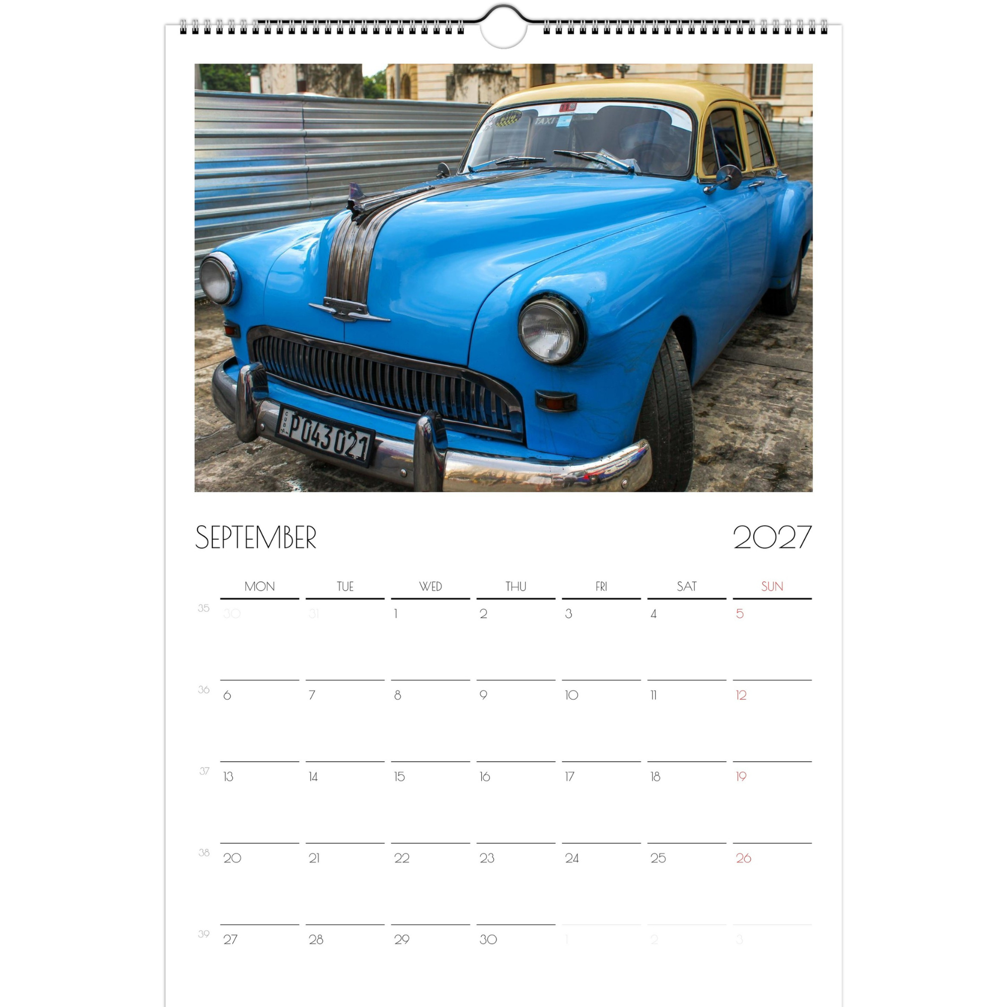 September page of the Classic Cars of Cuba 2027 calendar. The page features a blue with yellow-top classic car parked next to a silver, sheet-metal wall in Havana, Cuba.