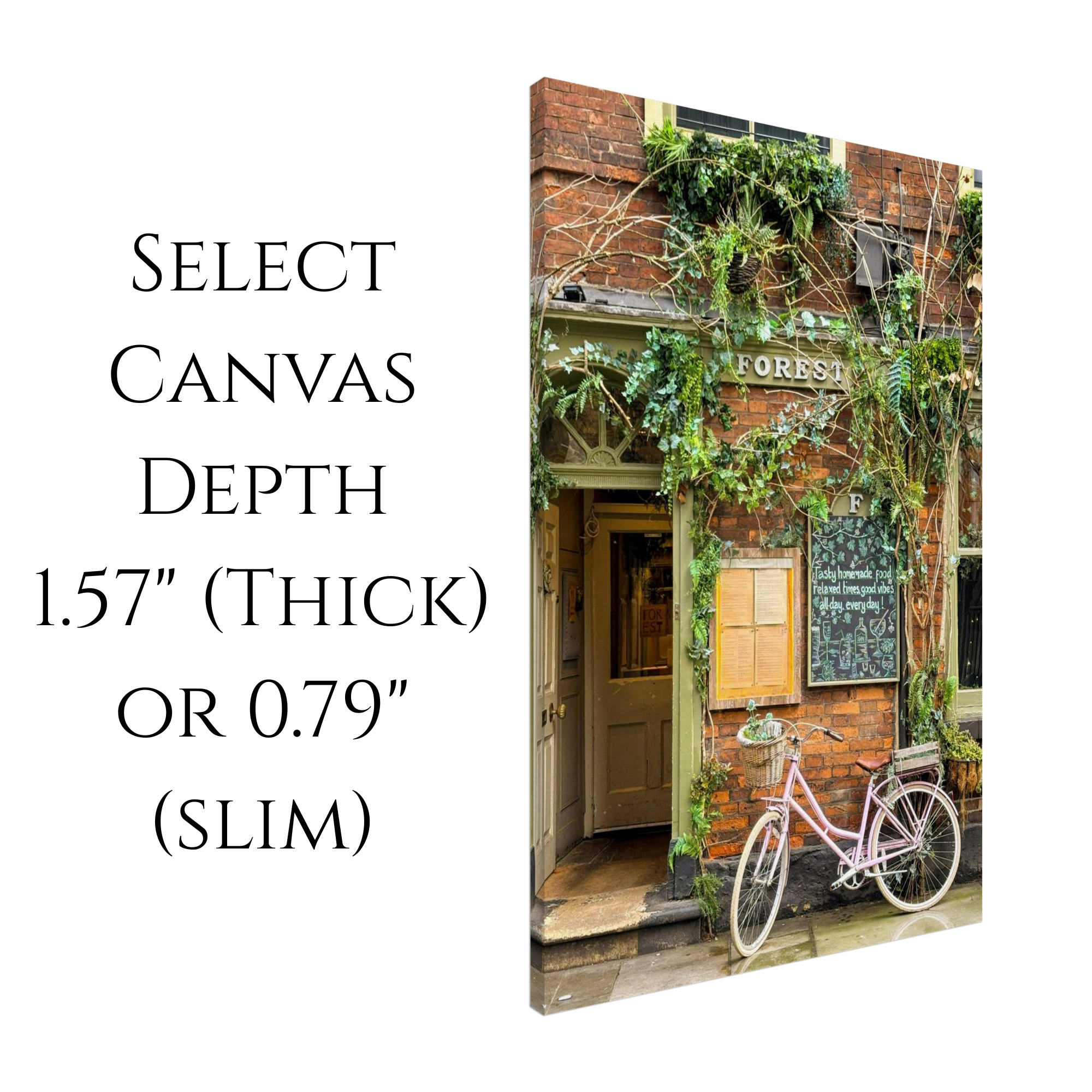 Photo print of front of restaurant in York, England. Text notes canvas is available in two depths--slim (0.79 inches) and thick (1.57 inches).