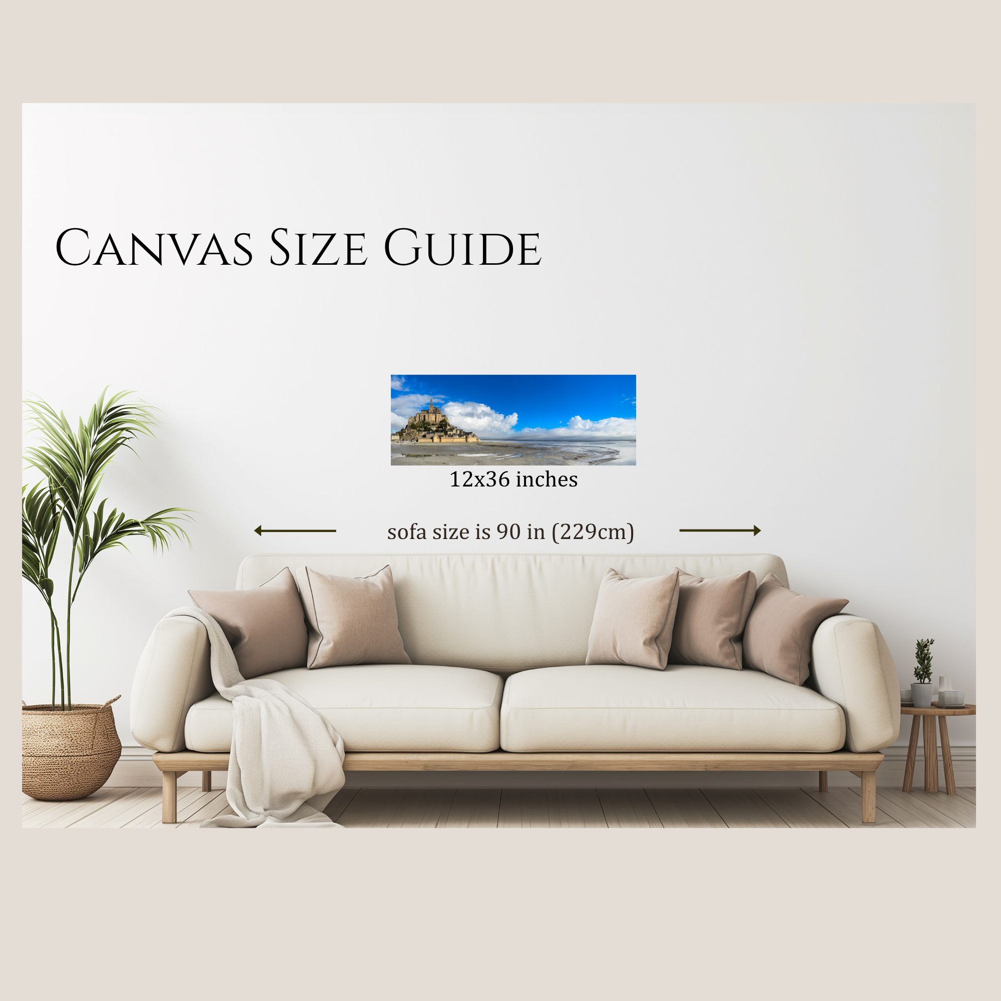 Mockup showing the canvas of Mont Saint Michel panoramic photo hanging on a wall over a couch.