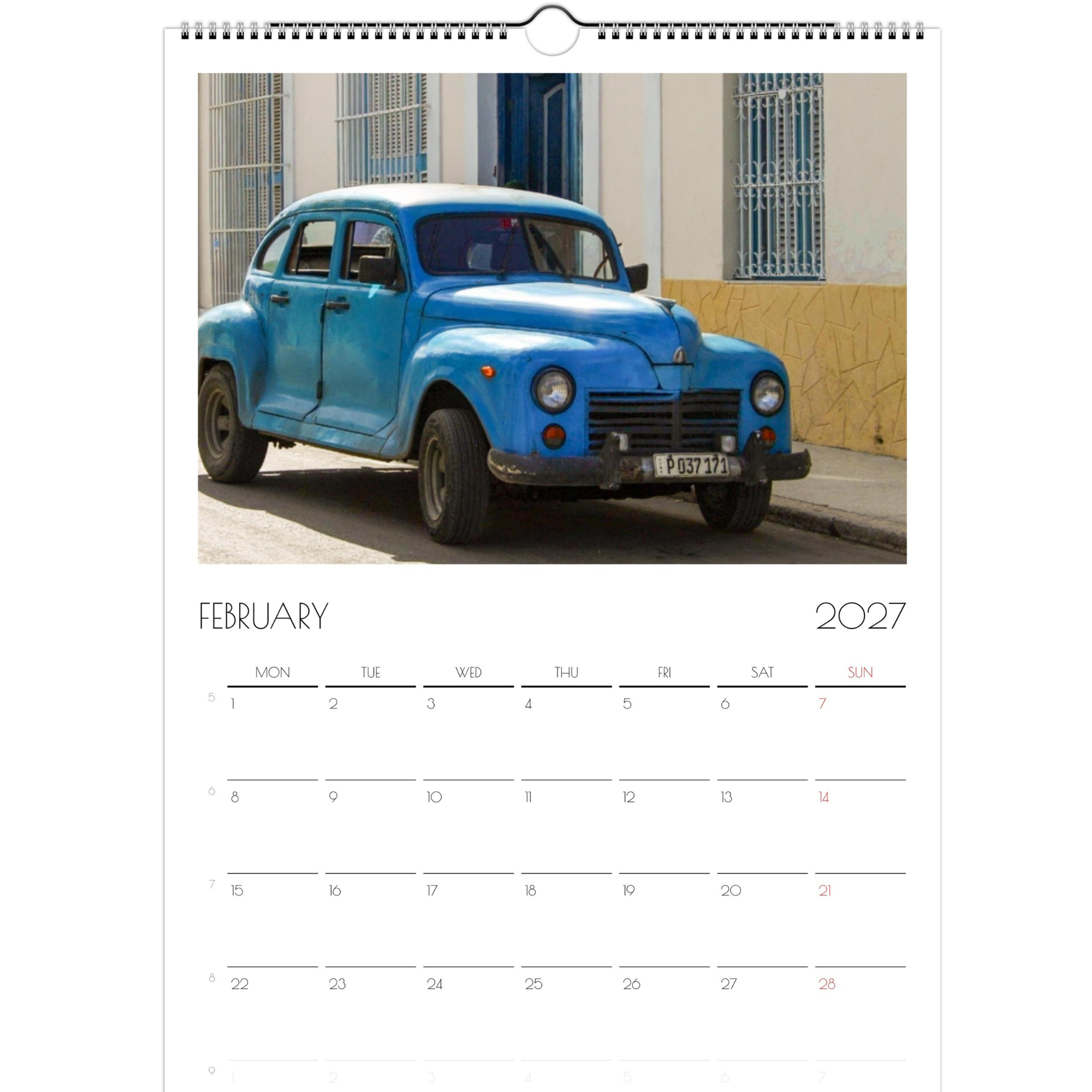 February page of the Classic Cars of Cuba 2027 calendar. Blue classic car parked along a Cuban street.