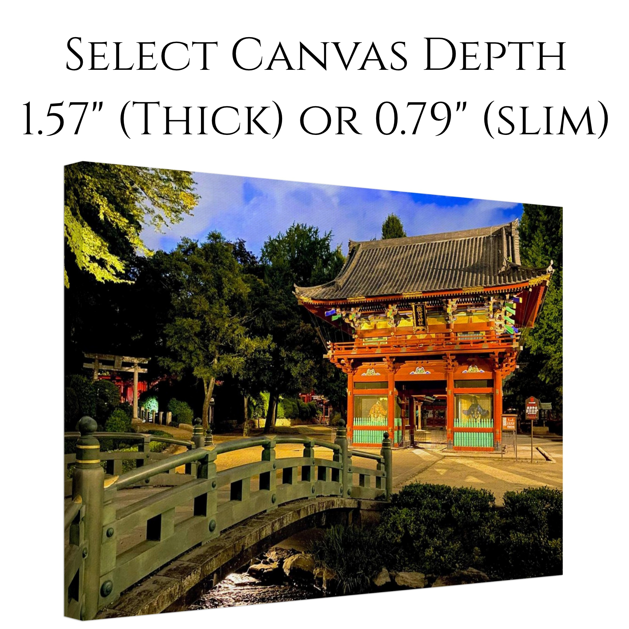 Canvas print of Nezu Shrine in Tokyo. Text notes canvas is available in two depths--slim (0.79 inches) and thick (1.57 inches).