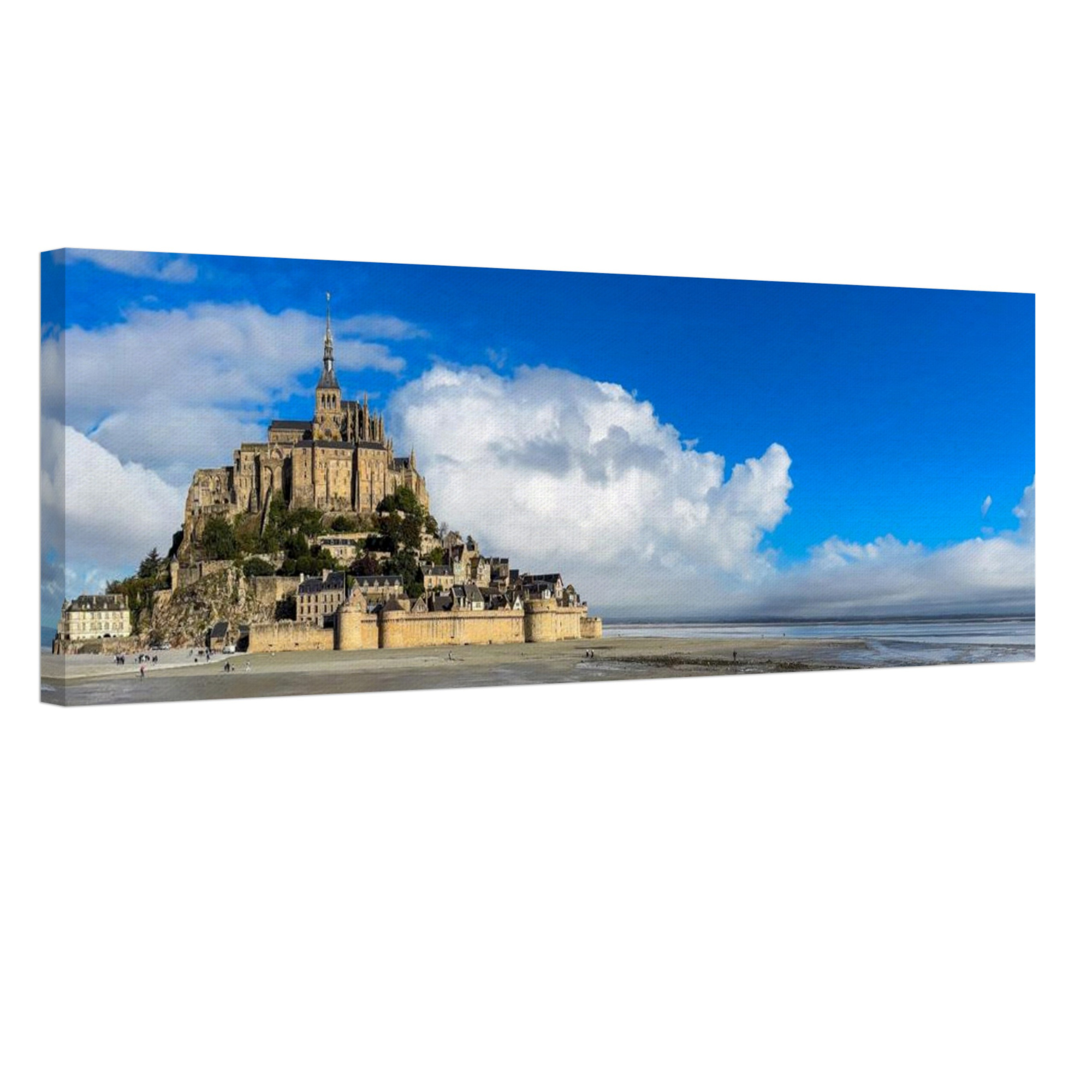 Panoramic canvas print of Mont Saint Michel, France, against a blue sky, with white billowing clouds.