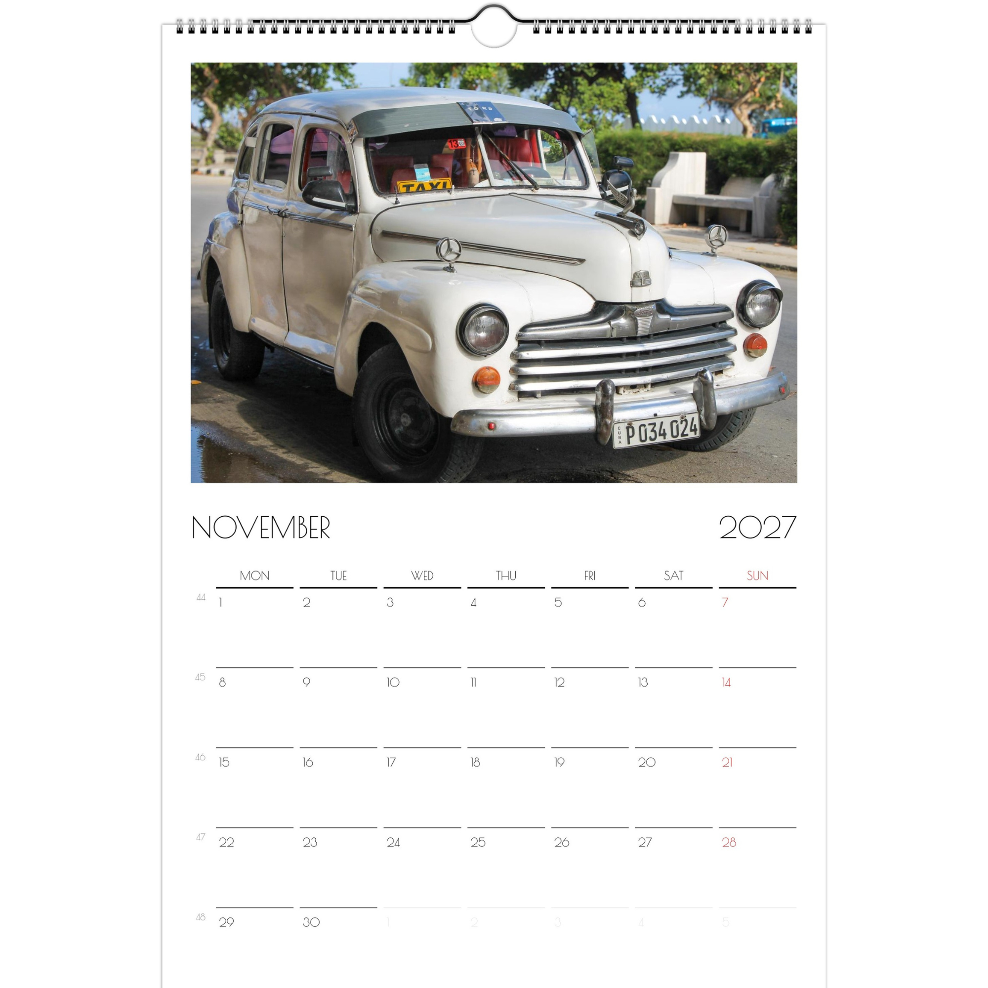November page of the Classic Cars of Cuba 2027 calendar. The page features a white classic car in Cuba.