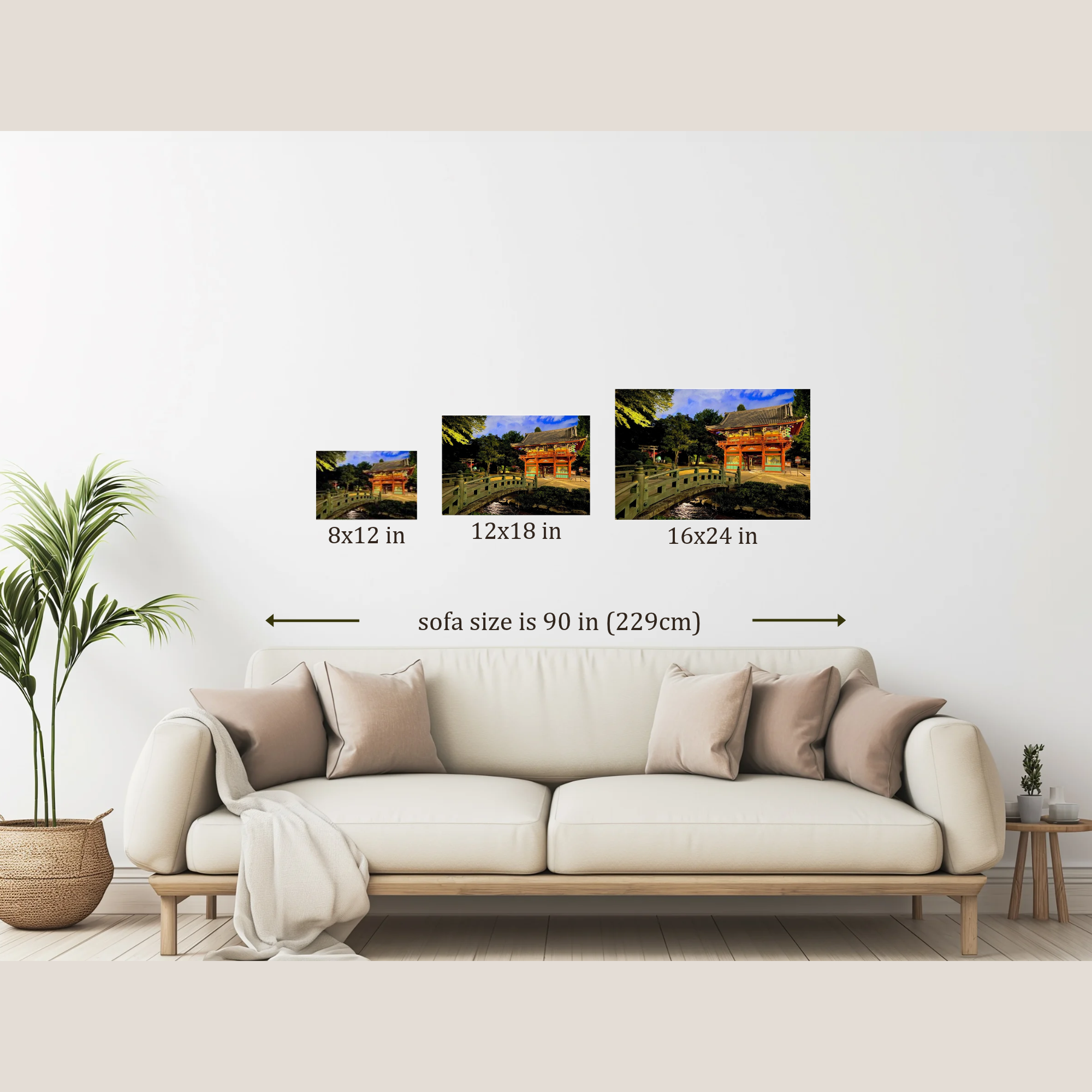 Mockup showing the different sizes available for Nezu Shrine photo hanging on a wall over a couch.